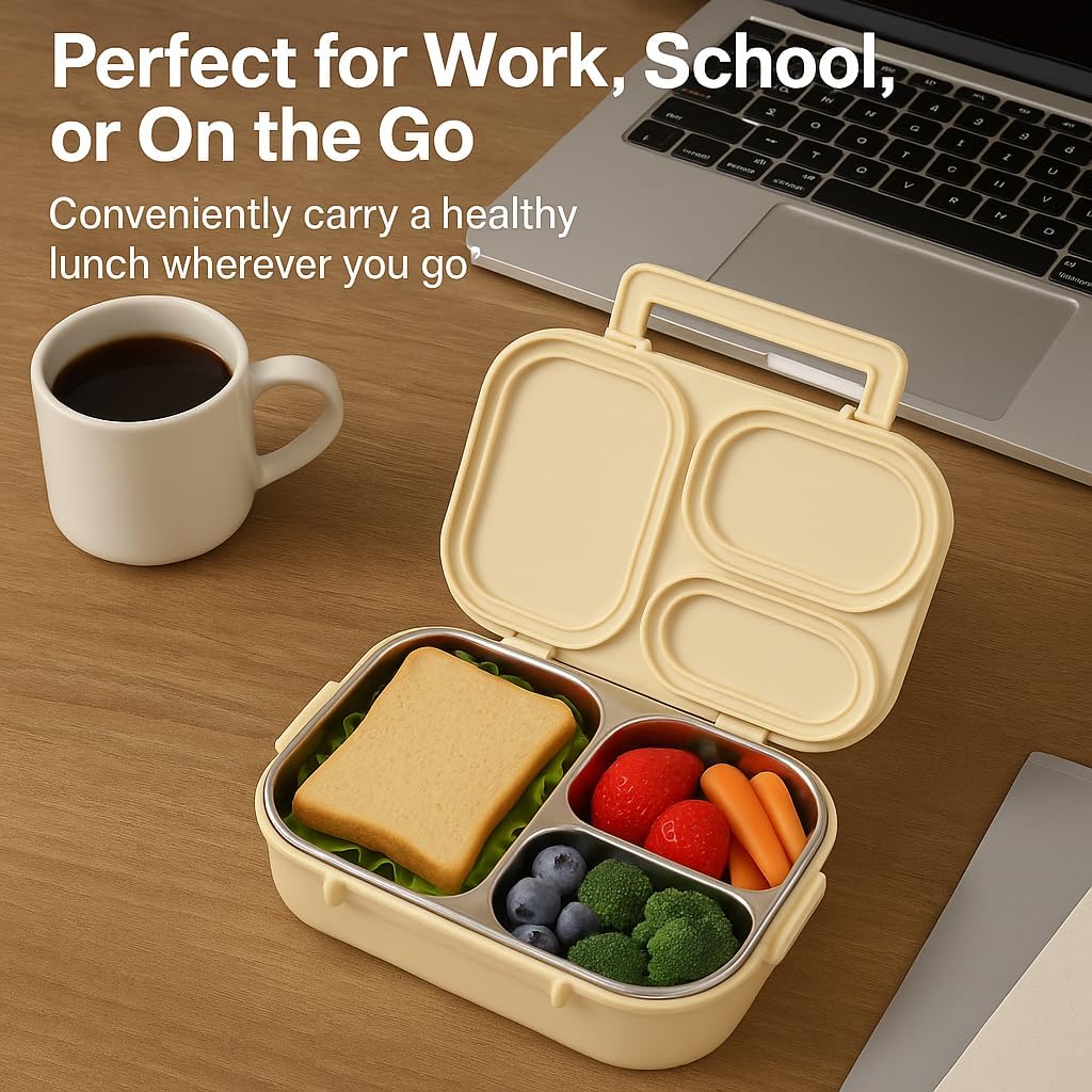 304 Stainless Steel Lunch Box for Work & Travel, 3-Compartment Leakproof Food Container, Healthy Eating & Portion Control, Safe for Home Use, Portion Control for Healthy Eating (Off-white 4 grids)