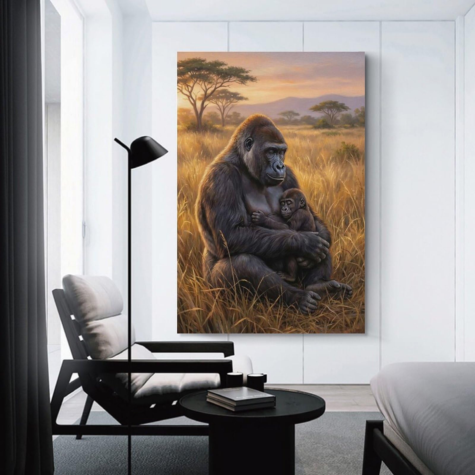 Junmoney Gorilla Mother And Baby in Savannah Decorative Wall Artwork, 24x36inch(60x90cm), for New Homes, Bedrooms Or Workspaces, Gift Idea for Housewarming And Birthdays