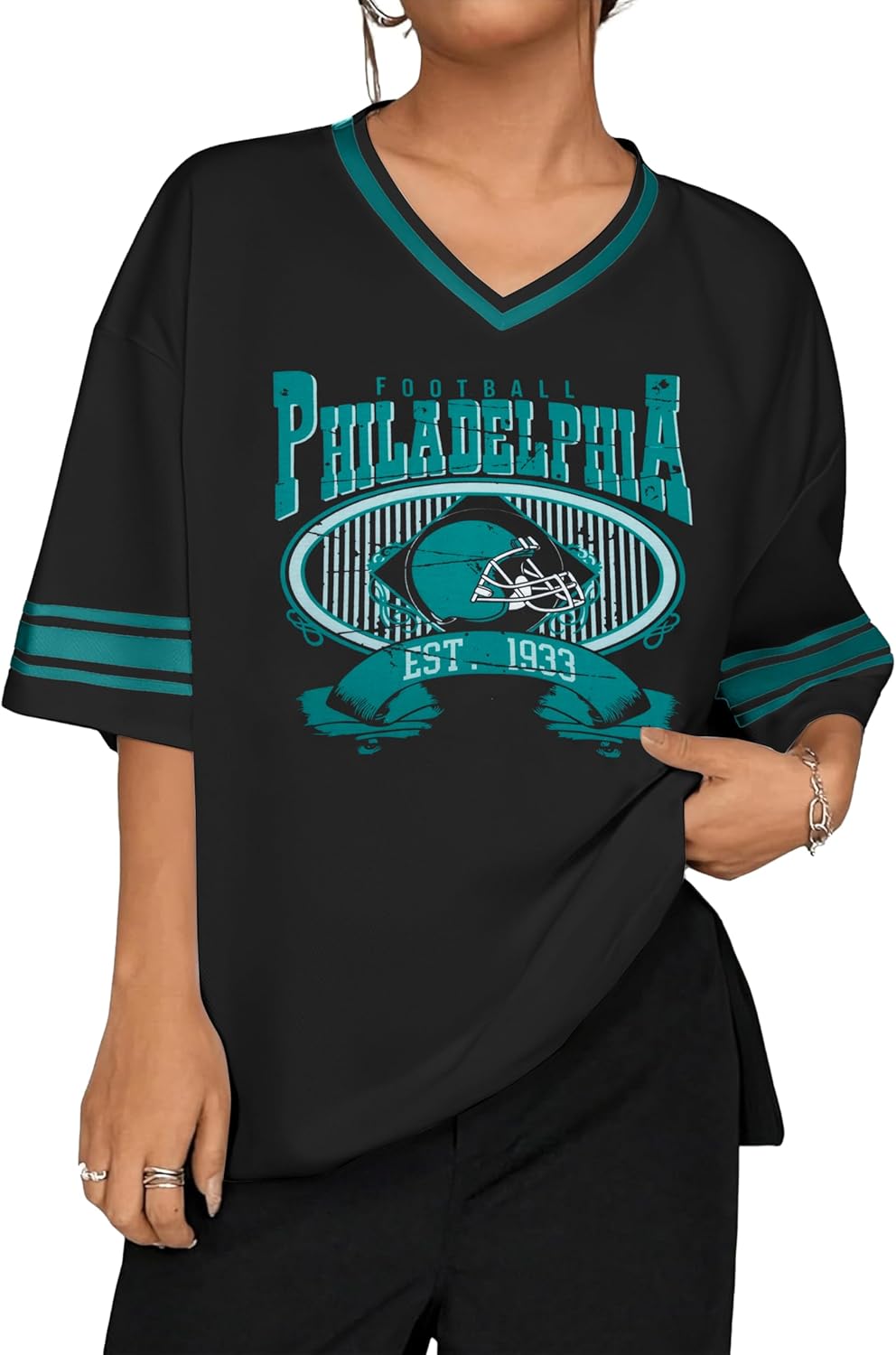 Football Shirts Women Game Day Oversized Shirt Football Team Fan Tee Sports Jersey Gift Tops N-Black