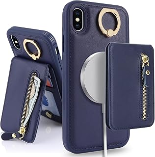 SailorTech Magsafe - Funda para iPhone XS Max con tarjetero, soporte de anillo Magsafe con ranuras para tarjetas, cartera desmontable 2 en 1 con cremallera, color azul marino
