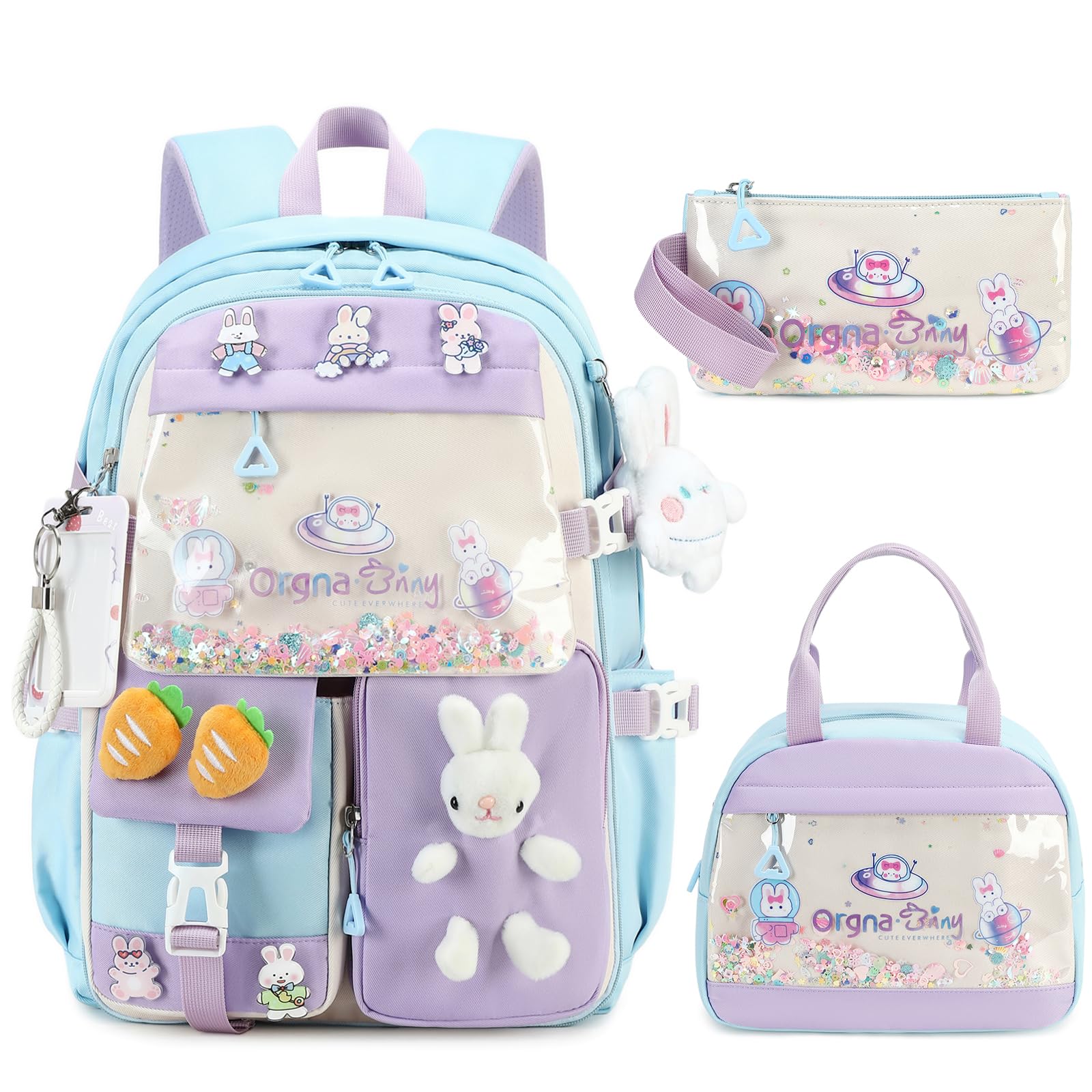 YTJGC Backpack for Girls Cute Bookbag Set with Lunch Box Pencil Case Kawaii Bunny School Backpacks for Girl 3 Pcs Kindergarten Elementary Preschool