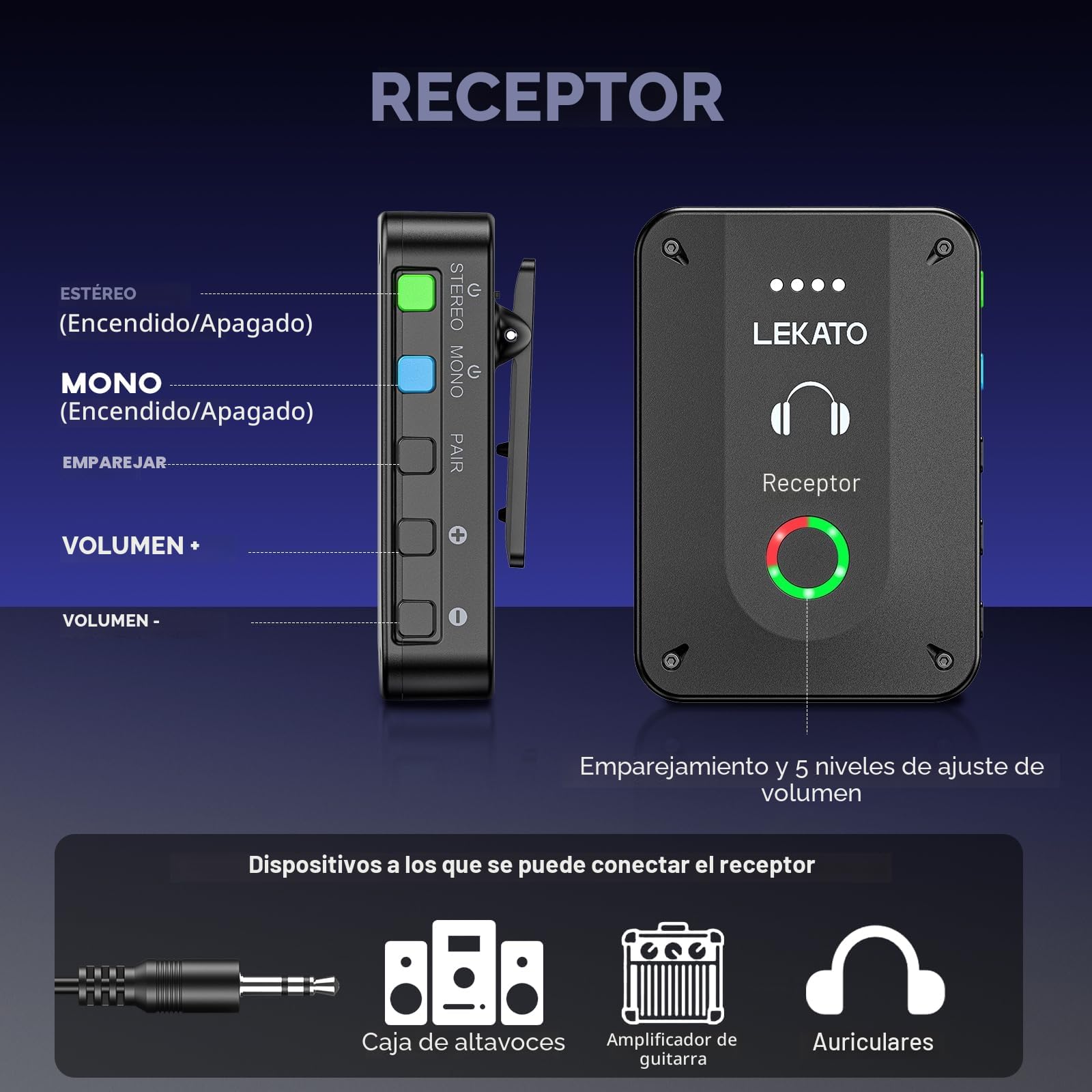LEKATO MS-02 Monitores In-Ear Inalámbricos — 2,4G Sistemas In-Ear para Monitorización para Auriculares In-Ear, para Escenarios y Megafonía — IEM Consta de 1 Transmisor y 1 Receptor