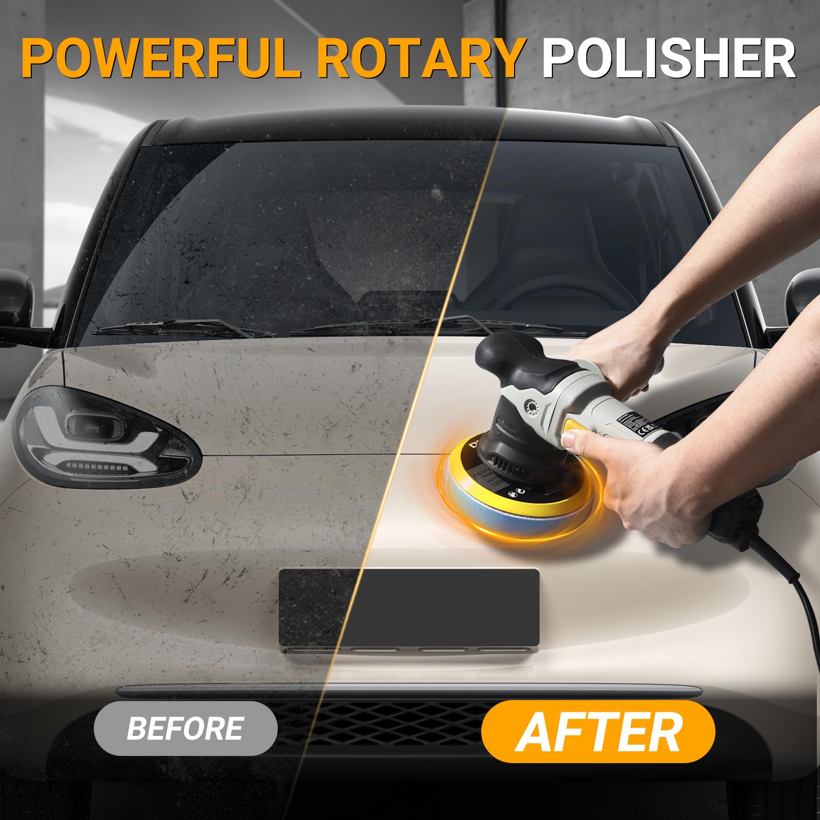 Pulidora de Doble Acción, DEKOPRO 800W Kit Pulidora Coche，con 150MM Almohadilla Abrasiva, 6 Velocidades Variables, 1800-5500 RPM, 9MM Orbital - Para Detallar, Pulir y Encerar el Coche