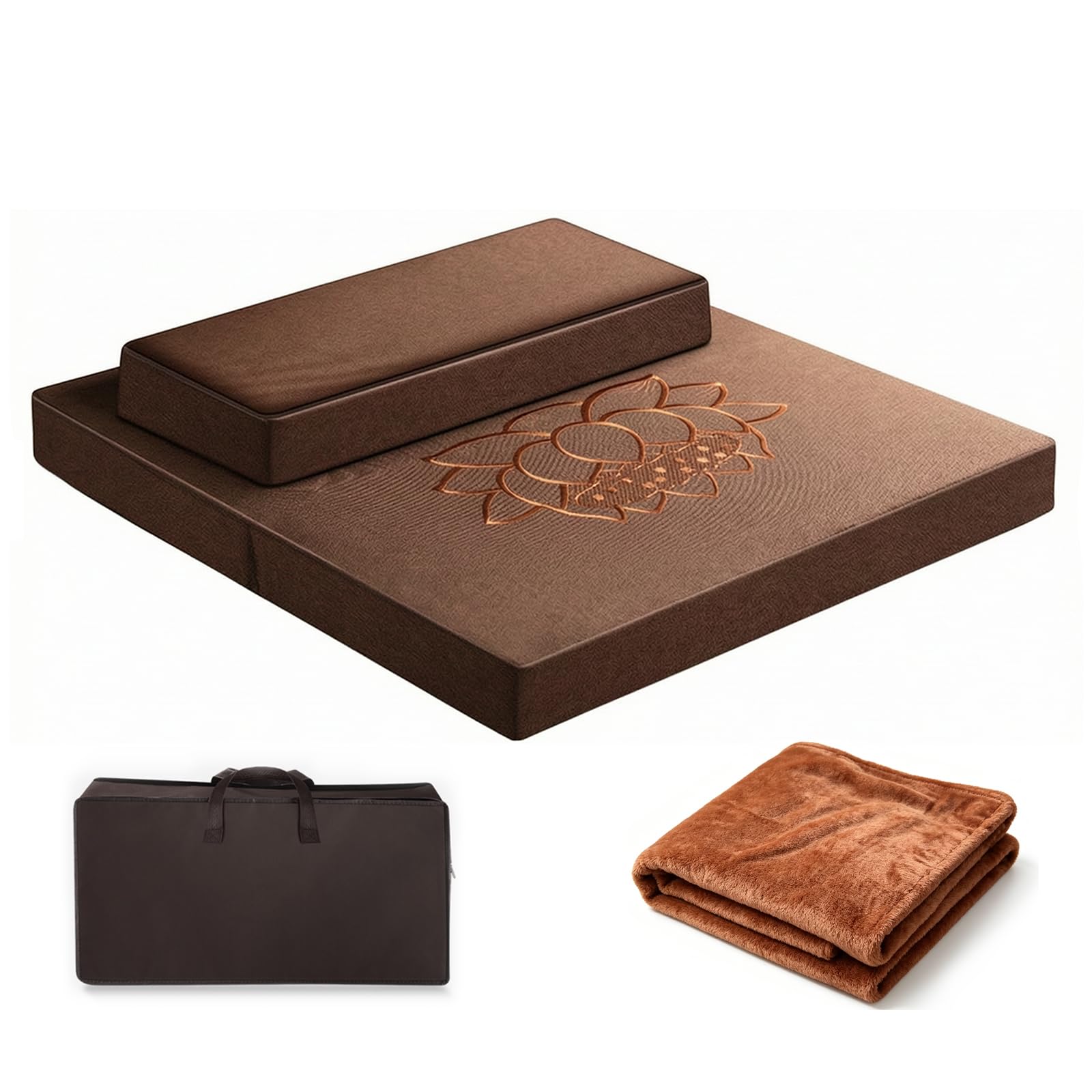 Cojín de Meditación Juego, Esterilla de Meditación Plegable Zafu & Zabuton, Lino de Algodón Lavable, Colchoneta de Meditación con Cremallera para YOG(Size:60cm with Bag and Blanket,Color:Marrón café)