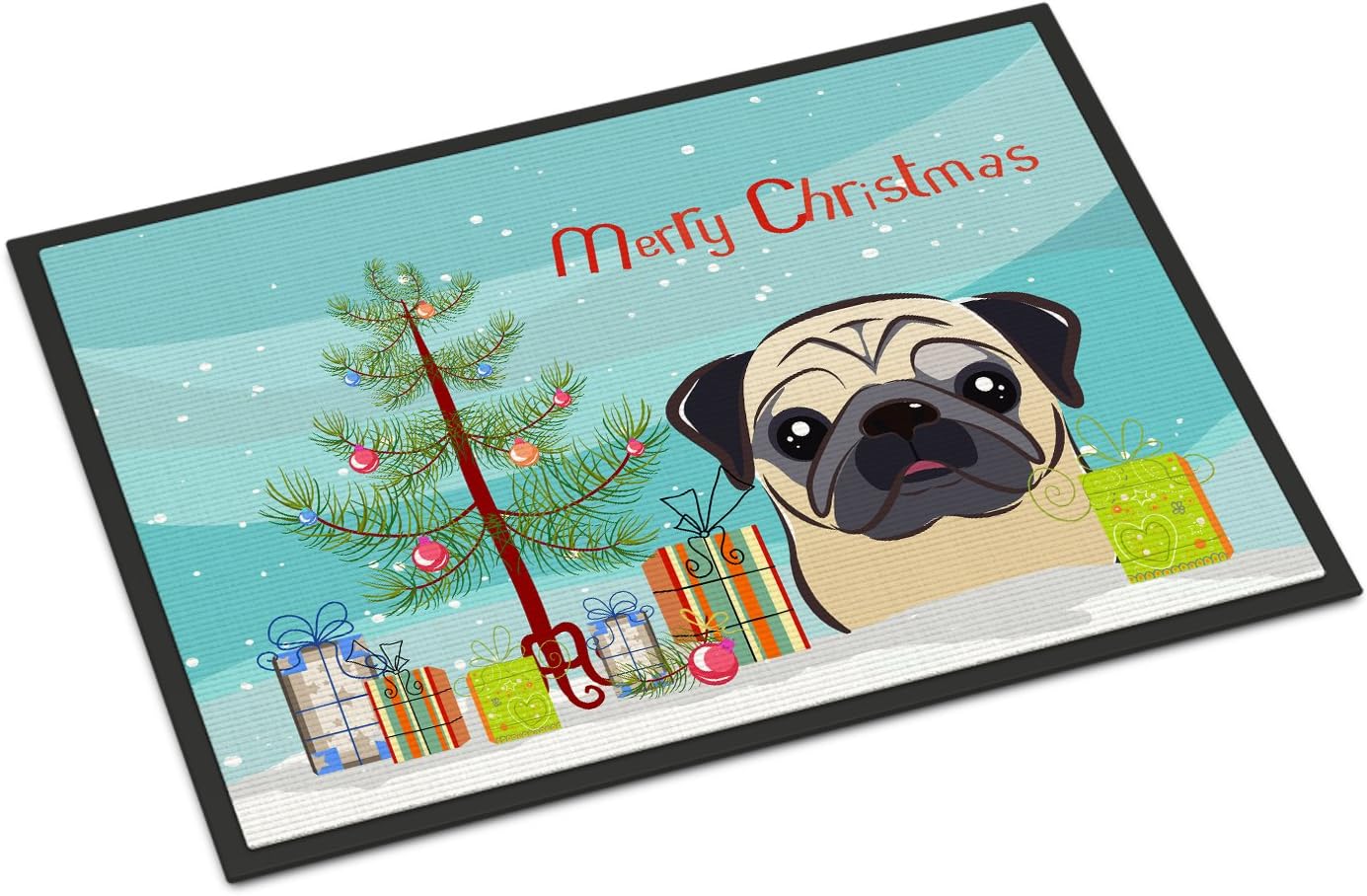 Caroline's Treasures BB1634MAT Christmas Tree and Fawn Pug Doormat 18x27 Front Door Mat Indoor Outdoor Rugs for Entryway, Non Slip Washable Low Pile, 18H X 27W