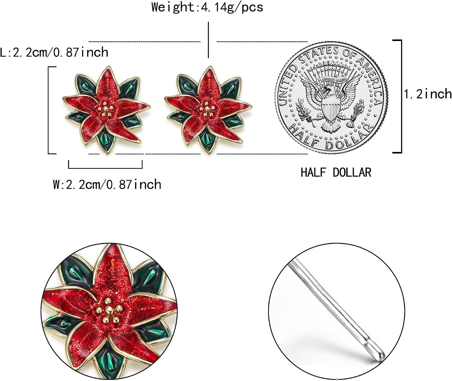 Flyonce Poinsettia Earrings Red Green Enamel Christmas Flower Stud/Clip On Earrings for Women Xmas Festival Holiday New Year Jewelry Gifts