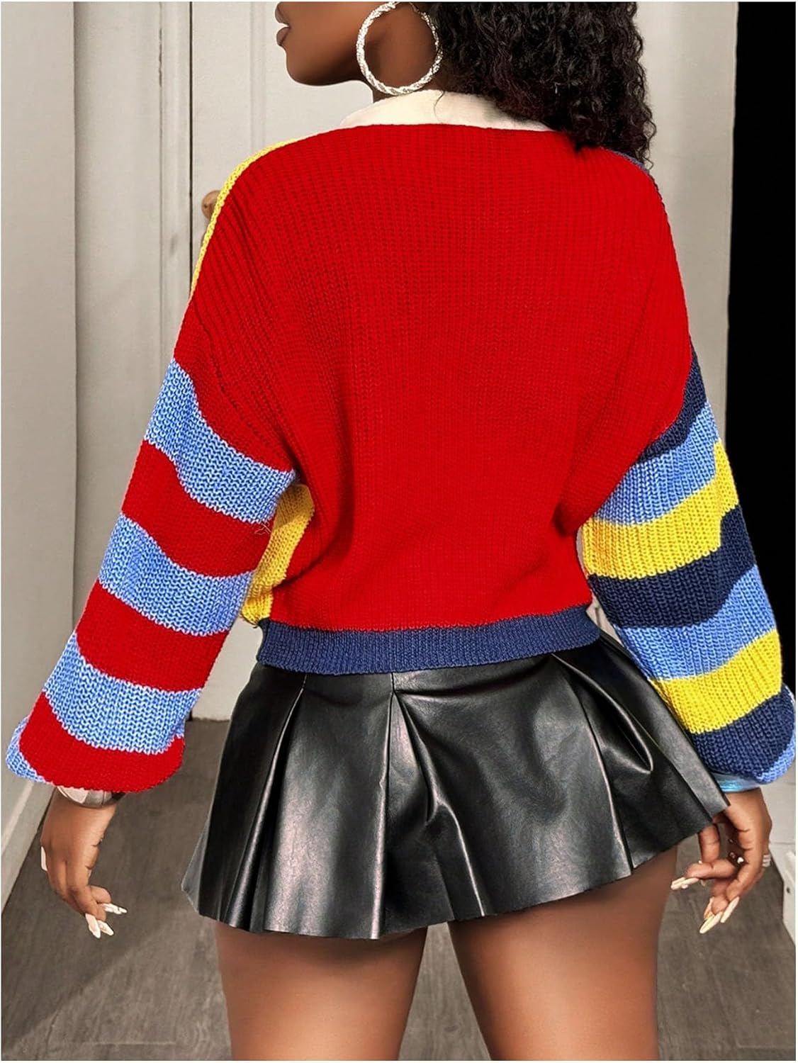 Milumia Women's Rainbow Striped Button Front Crop Cardigan V Neck Long Sleeve Knit Sweaters - Image 3