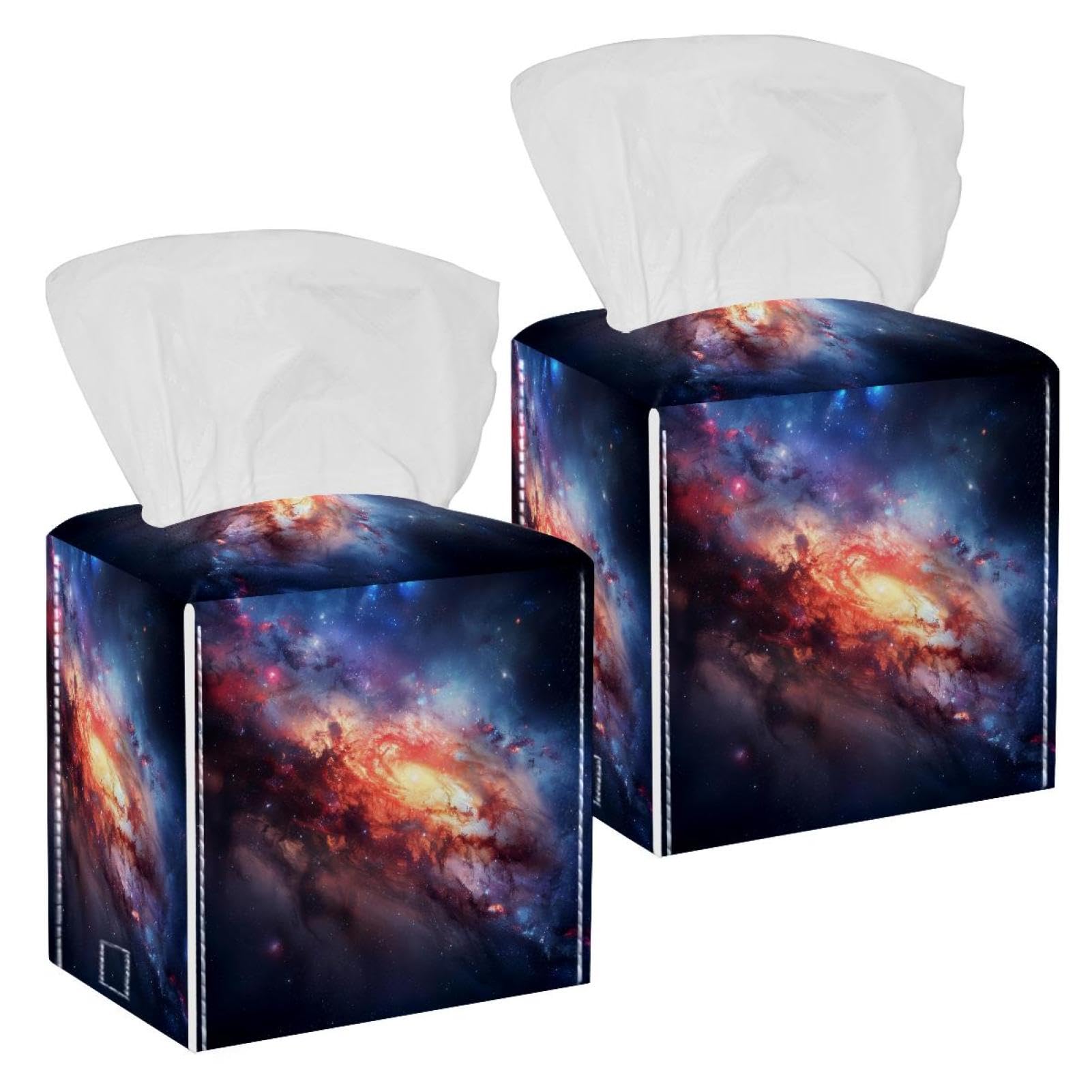Space Galaxy Constellation Tissue Box Cover, 2 Pack PU Leather Square Facial Tissue Dispenser Box holder for Home Office Car