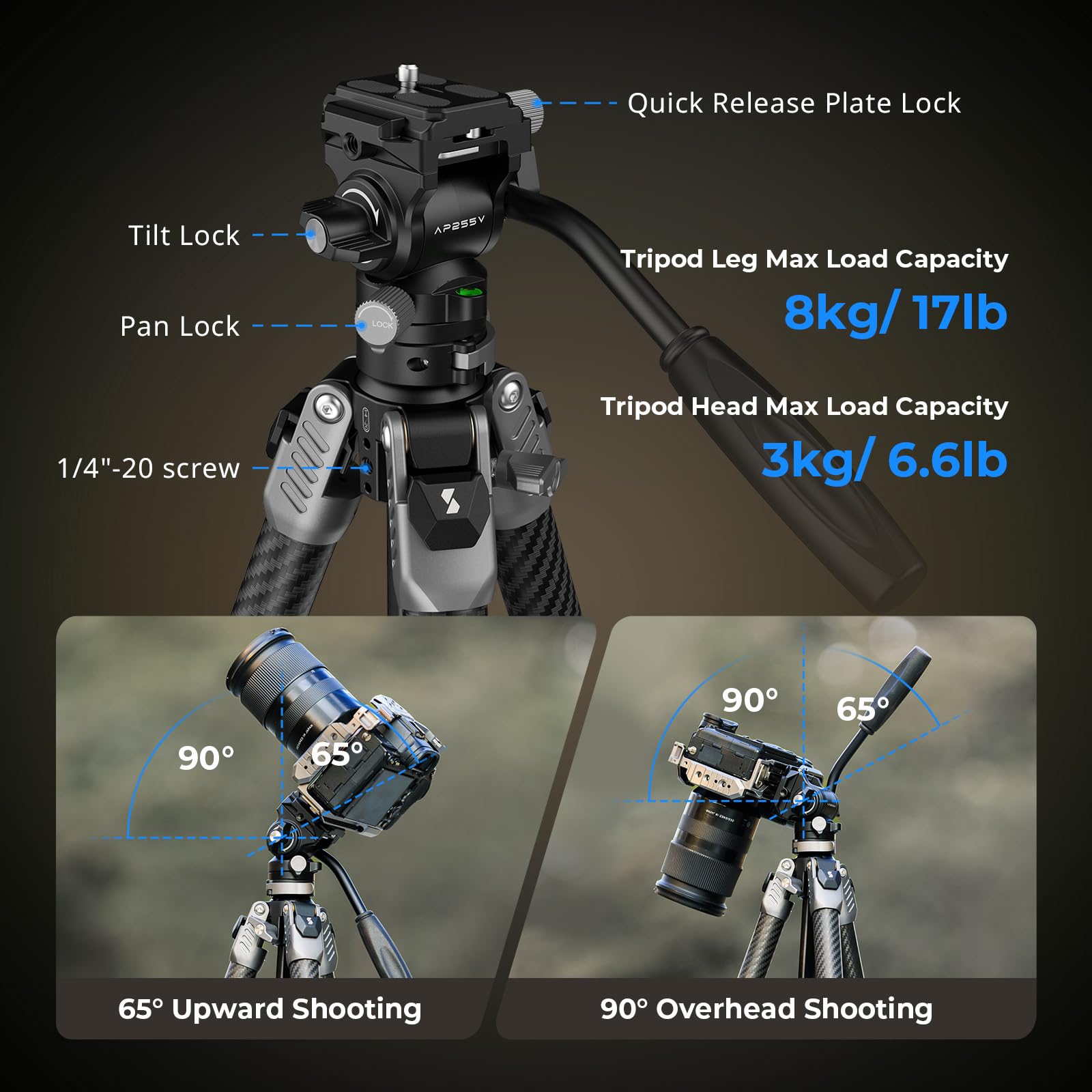 SMALLRIG 160 cm Trépied de Voyage Portable pour iPhone et Appareil Photo, Trépied Vidéo en Fibre de Carbone, Format Compact (52 cm), 3 kg Charge, Tête Fluide pour la Photographie en Extérieur - 5477
