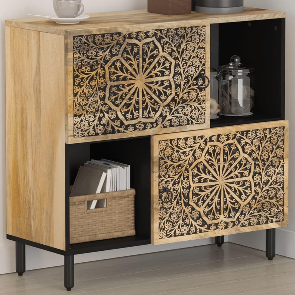 Solid Mango Wood Side Cabinet 31.5"x13"x29.5", Hand-Carved Floral Pattern Storage Cabinet with Iron Legs, Retro Style for Living Room, Kitchen, or Dining Area
