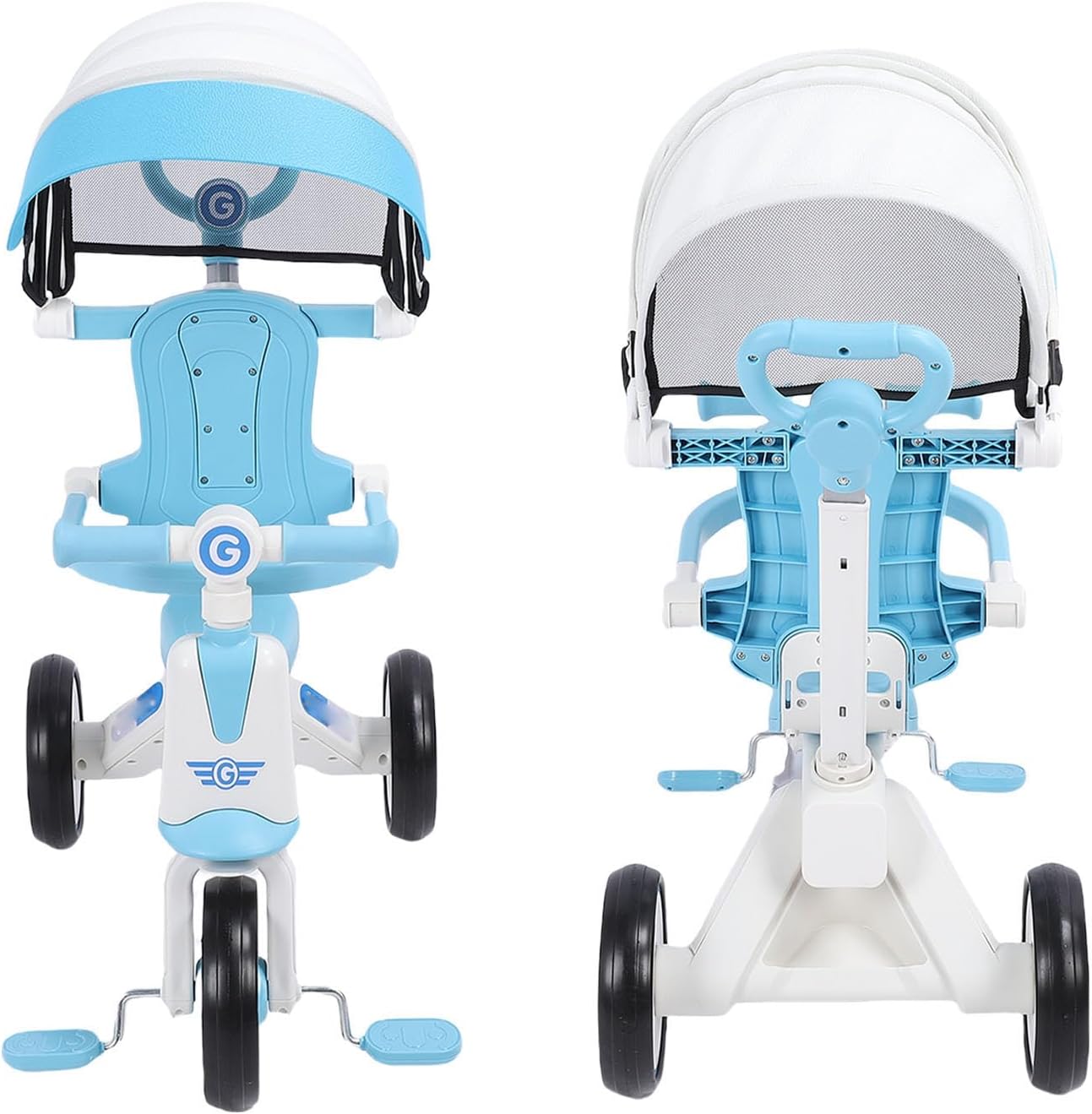 Generic Adjustable Push Handle Baby Tricycle, Removable Footrest Music Light Folding Canopy for 18 Months to 5 Years Boys Girls, with Enlarged EVA Wheels, Ideal for Indoor Outdoor Use (Blue)