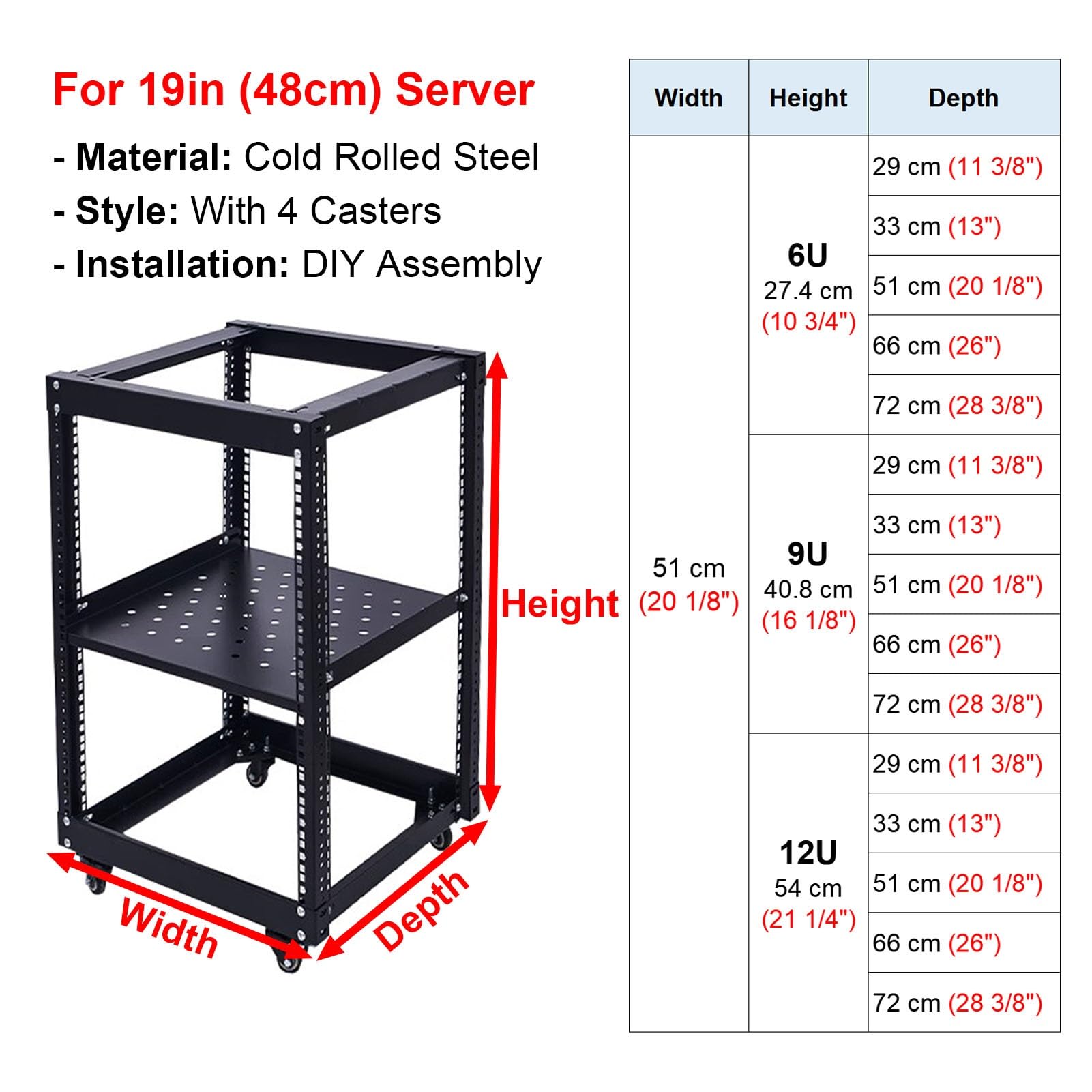 Vibeo Rack di Rete a Telaio Aperto Rack di Rete Mobile a Telaio Aperto con Ruote, Rack Server 6, 9, 12, 15, 18 e 22U per Ufficio, Rack di Rete Ventilato Regolabile da 48 cm(6U,D 29 cm (11 3/8"))