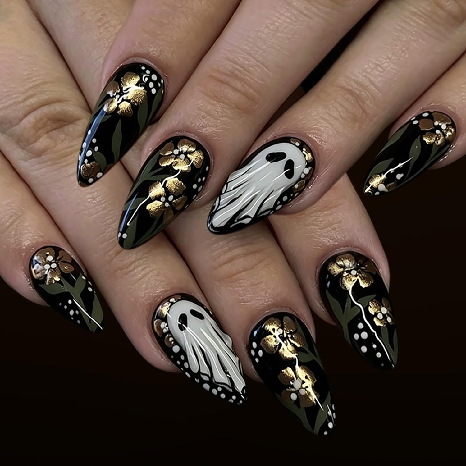 Halloween Press On Nails Medium Almond Fake Nails Holiday Stick On Nail Press Ons With Ghost Gold Flower Design Acrylic False Nails Glossy Glue On Nails For Women