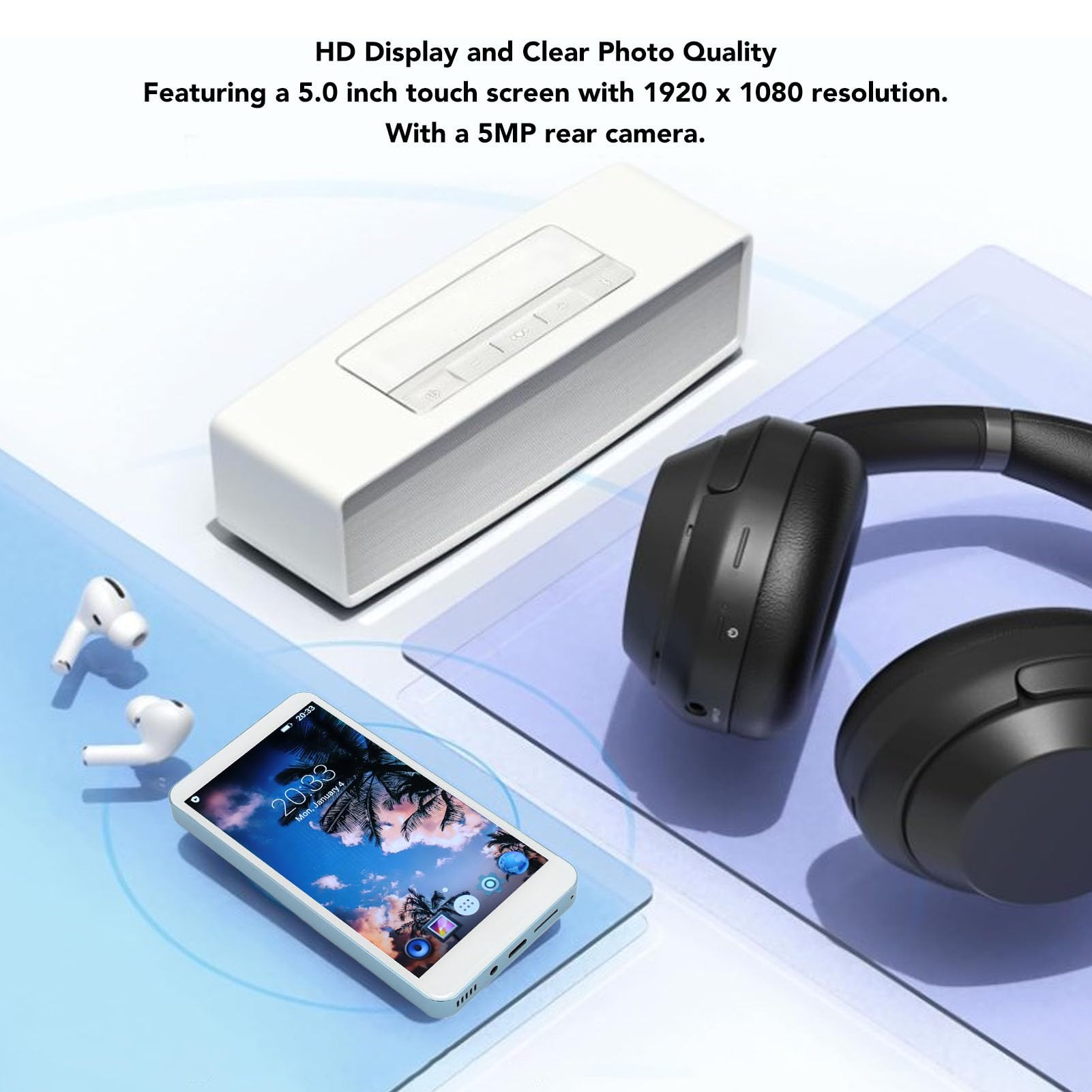 Cryfokt Reproductor MP4 de 5 Pulgadas con Chip Octa Core, Pantalla Táctil de 5,0 Pulgadas, Resolución de 1920 X 1080, Bluetooth WiFi, Cámara de 8 MP, para Transmisión de Audible (Blue)
