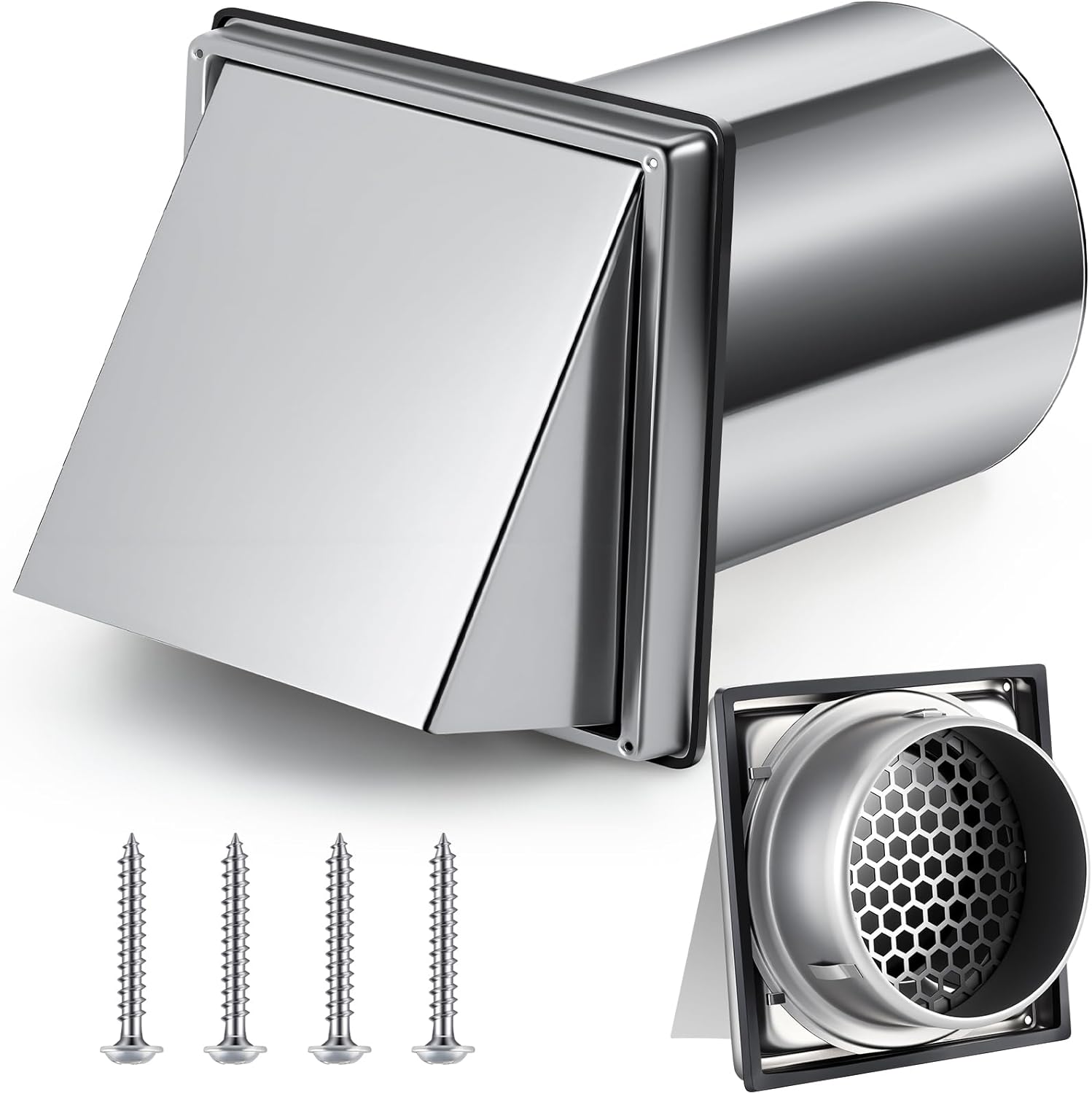 4 Inch Dryer Vent Cover Outside with Stainless Steel Guard Outdoor Wall Dryer Exhaust Vent Cover Shroud Hood Cushioned Non Return Flap with Sealing Gasket(Hexagon)