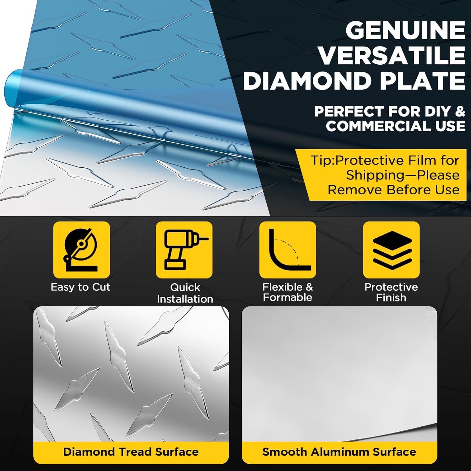 Aluminum Diamond Plate Sheet Metal, Mill Finish Diamond Sheet, Tread Texture Metal Panel Easy to Cut/Drill — for Commercial & Residential Use, Truck Beds, Trailers, Garage Walls & Cabinets, 78" × 24"