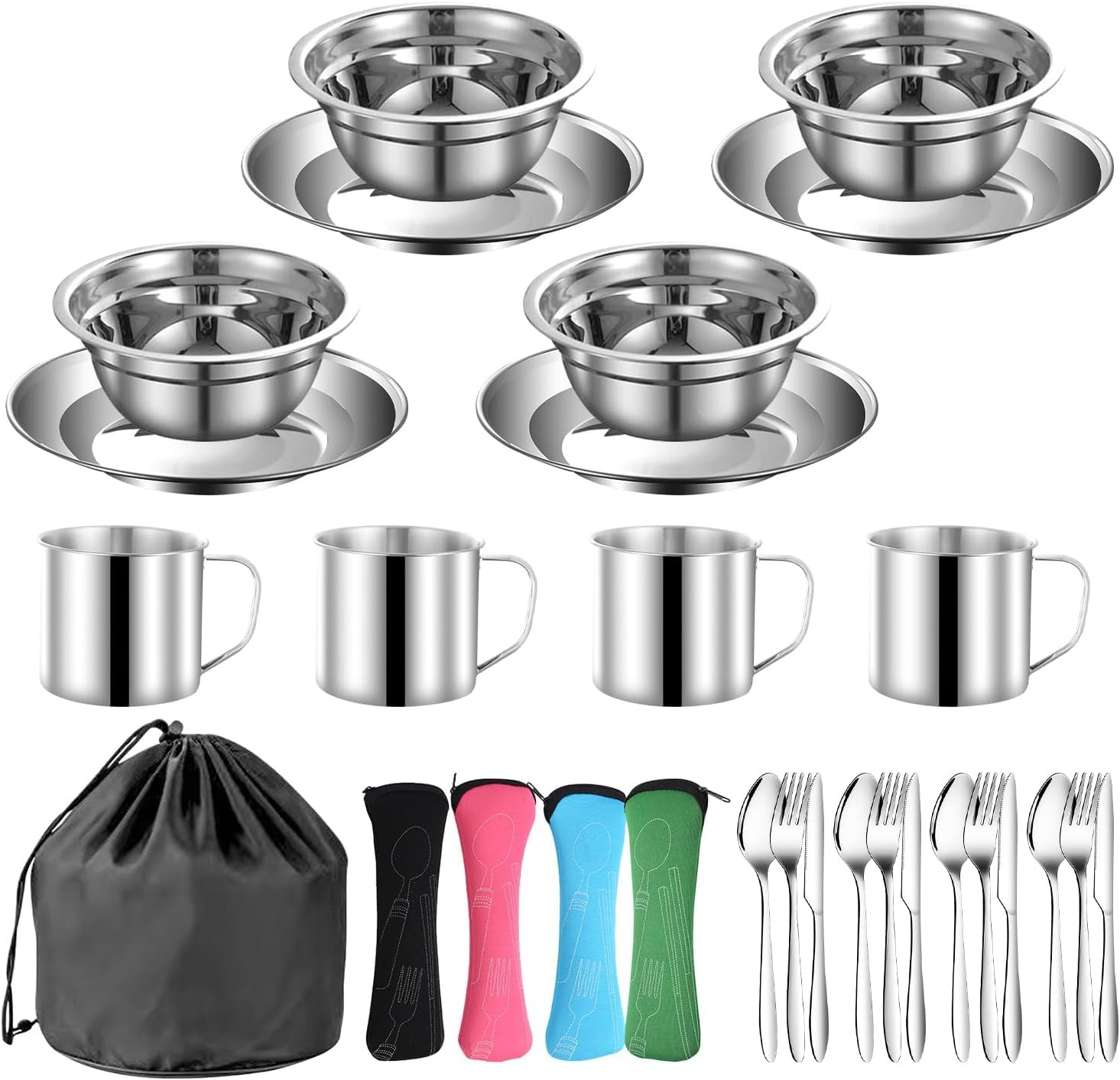 28 Teiliges Utensilien Campinggeschirr Set aus Edelstahl