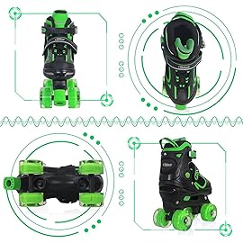 Kids Roller Skates for Boys - Green for Teenagers Youth Age 10 11 12 - Adjustable All Light up Wheels Indoor Outdoor Sports Birthday Gift for Son and Grandson