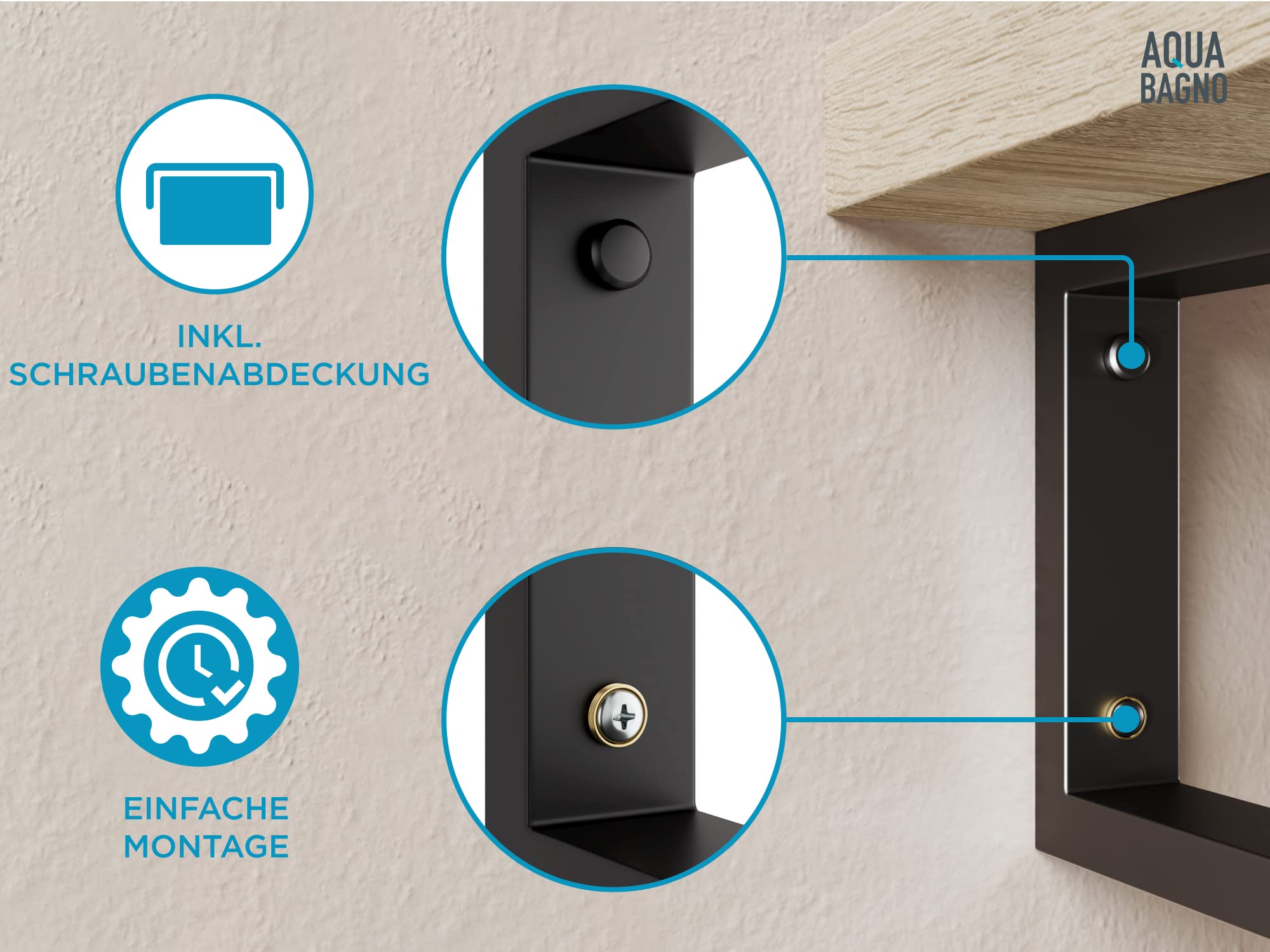 Aqua Bagno Consola de pared de acero inoxidable – Juego de 2 unidades, negro mate, soporte para estanterías | Soporte estable para lavabo, tornillos de montaje ocultos, soporte de consola