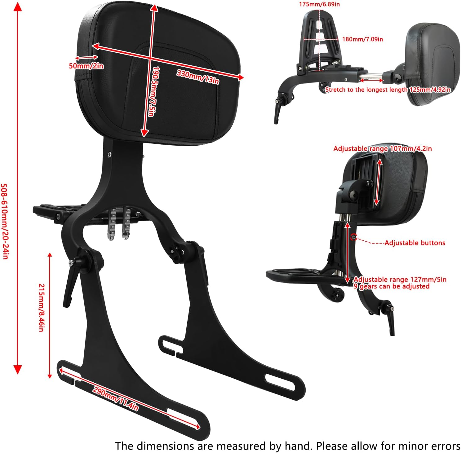 Motorcycle Multi Purpose Rider/Passenger Sissy Bar Backrest w/Luggage Carrier Rack Adjustable Rotatable Back Cushion Pad for Harley Dyna Street Bob Low Rider Super Glide Wide Glide 2006-2017 Black