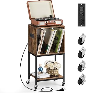 Record Player Stand with Vinyl Storage 3 Tier Turntable Stand with Record Storage Vintage Vinyl Player Stand with Albums Speaker Storage Charging Record Player Table, Rustic Brown