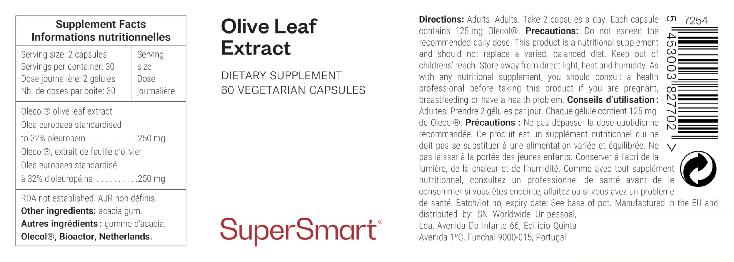 Supersmart - Olive Leaf Extract - Conçue Naturellement à Partir des Feuilles d’Olivier - Contribue à Diminuer le Taux de Triglycérides | Sans OGM - 60 Capsules Végétariennes