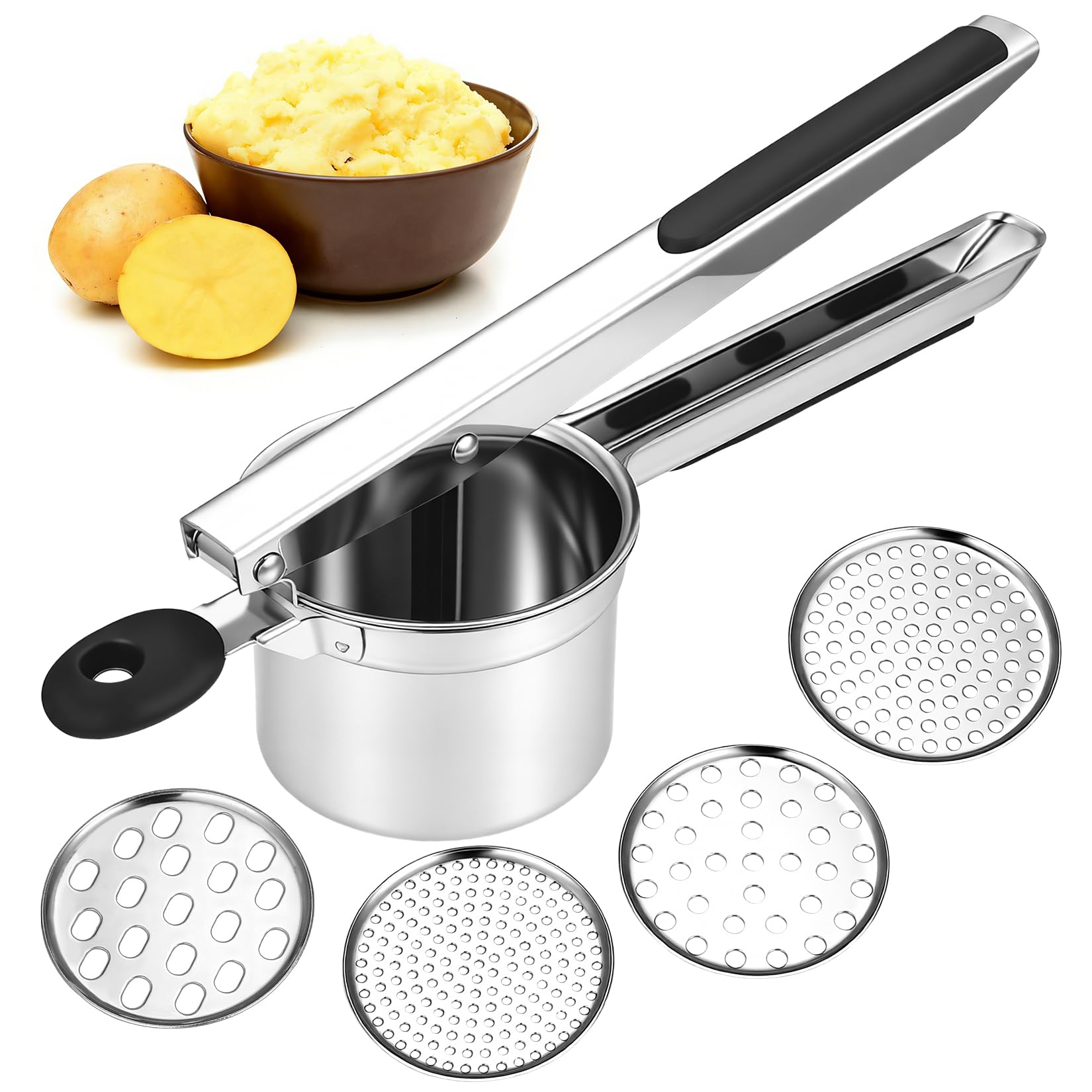 Kartoffelpresse Edelstahl, Potato Ricer, Kartoffelbrei Kartoffelstampfer, Erdäpfelpresse für Kartoffelpüree, Kartoffel Presse, Obstsäfte, Gemüsebrei, mit 3 Lochscheiben