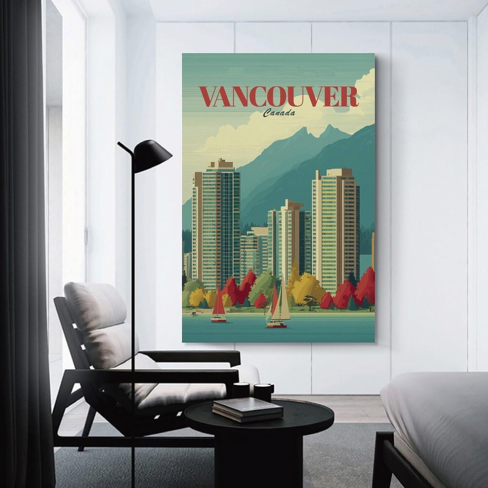 Junmoney Vancouver Cityscape with Mountains And Sailboats Decorative Canvas Print 24x36inch(60x90cm), for Corridors, Hallways Or Apartment Entries, Decorative Wall Art for Narrow Spaces
