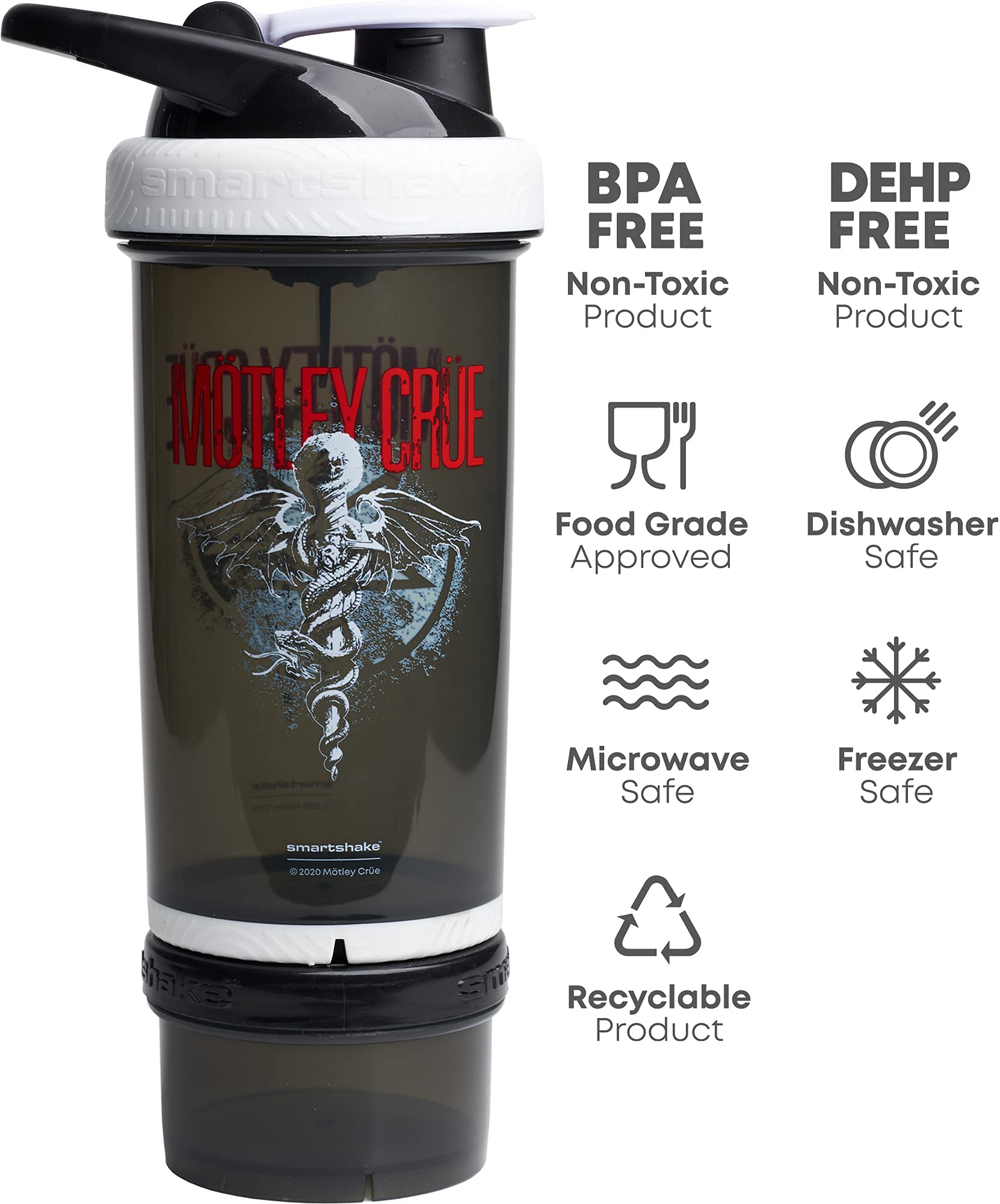 Smartshake Revive Motley Crue - Botellas de batido de proteínas de 750 ml - Botella agitadora de proteínas con compartimento de almacenamiento