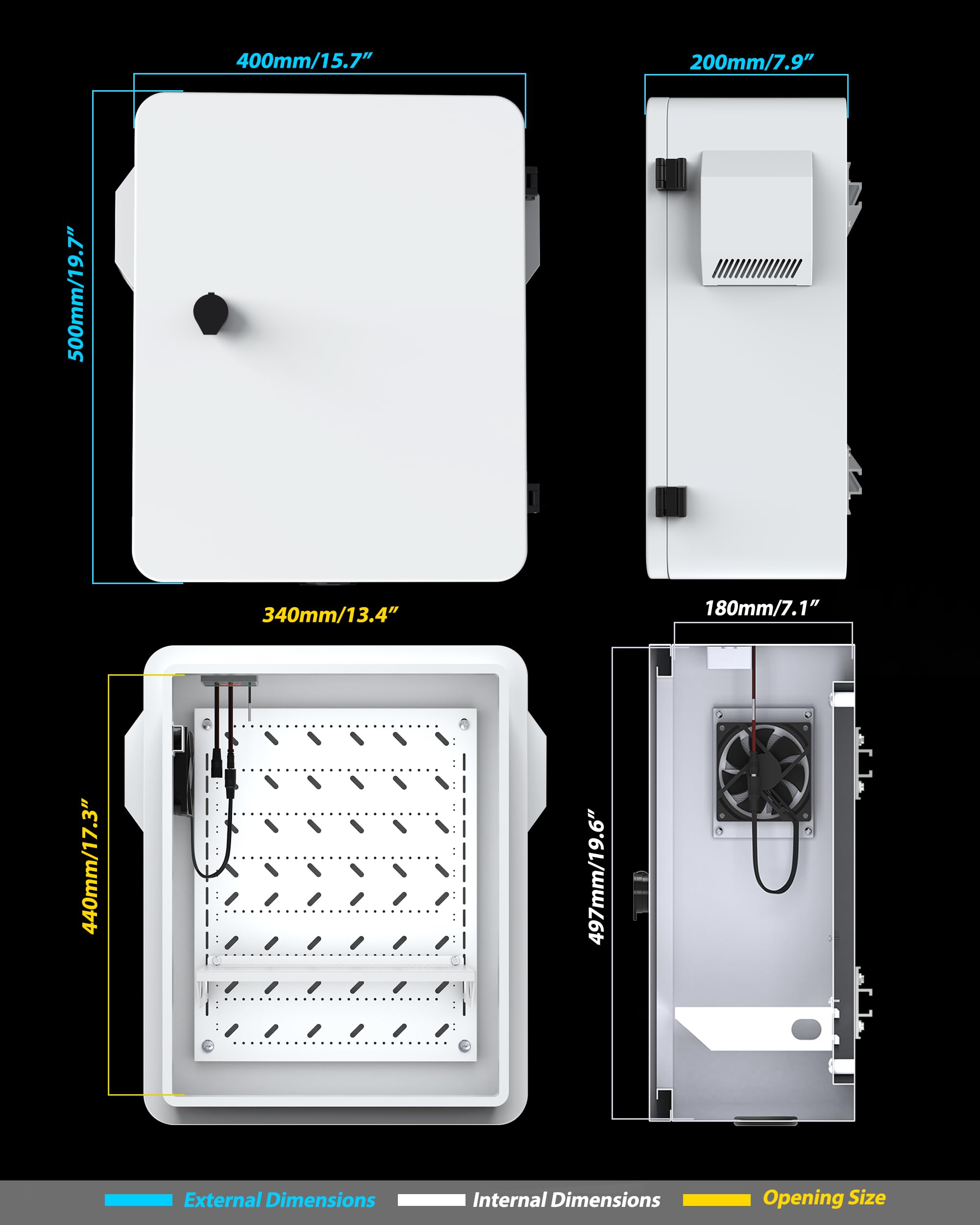 Caja eléctrica para exteriores con termostato y ventilador, control preciso de temperatura de -17.7 °C, clasificación IP65 resistente al agua, acero galvanizado, haz trasero de aluminio (19.7