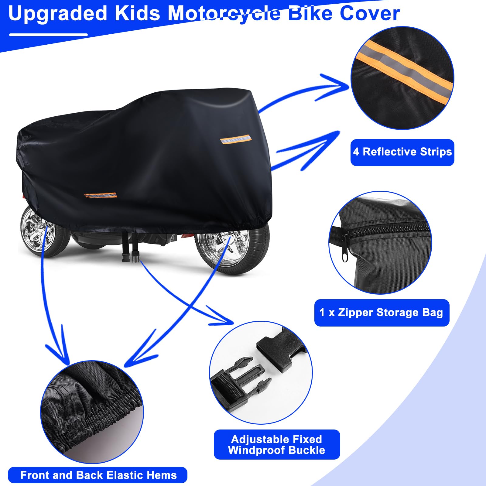 Car Toy Cover,Heavy Duty 420D Oxford Fabric Kids Ride-On Toy 3 Wheels Car Cover Waterproof,Universal Covers for Kids Electric Vehicle,Anti-UV,with Waterproof Strip,3 Reflective Strips,Windproof Buckle - Image 4