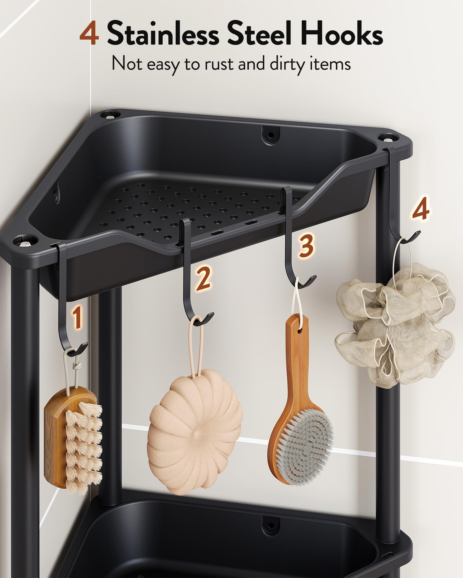 Orimade Organizador de ducha de esquina de 5 niveles a prueba de óxido, estante de esquina de plástico de aluminio para baño, color negro