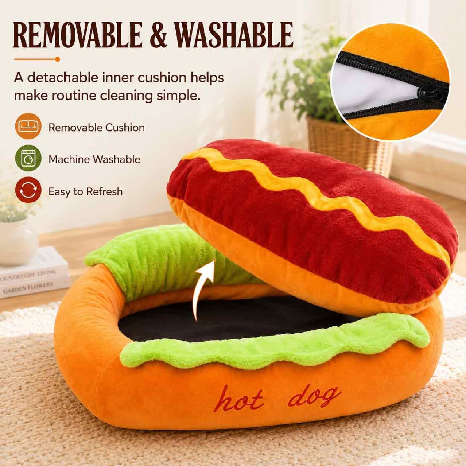 Generisch Łóżko hot dog dla jamnika, śliczny pluszowy hot dog kok z wyjmowaną podkładką do prania, gniazdo na sofę do użytku wewnątrz (łóżko dla hot dog, M)