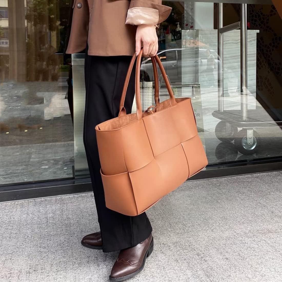 Women Large Leather Woven Shoulder Bag Crossbody Bag,Ladies Top Handle Satchel Tote Work Bag with Matching Clutch - Image 6