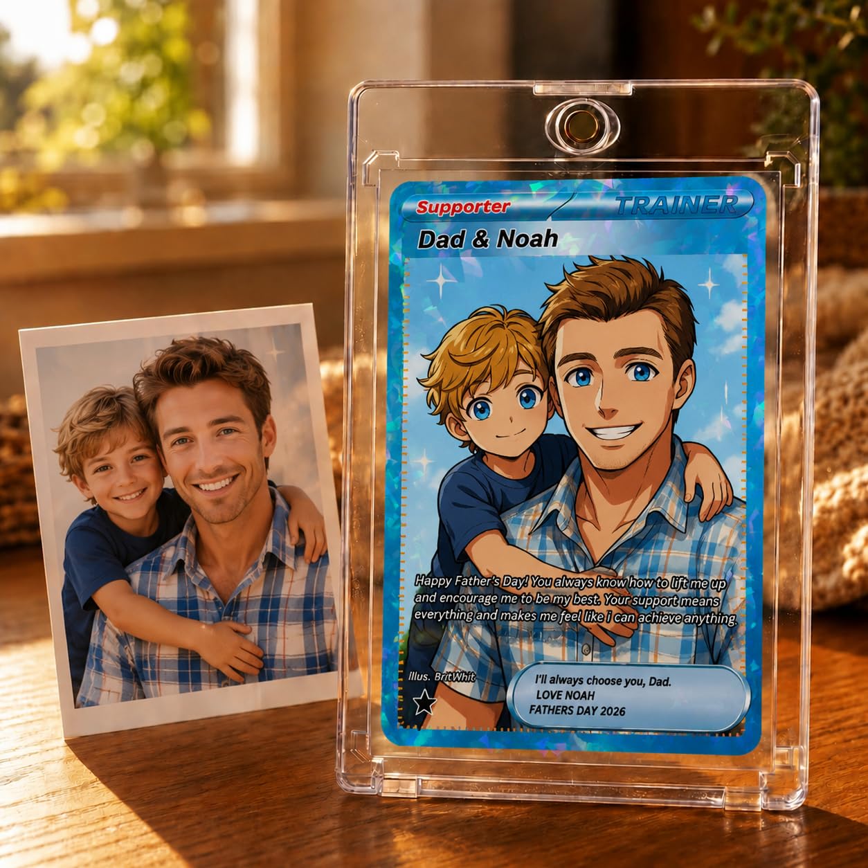 Personalised Photo Poke Card Dad Gifts from Daughter Son Custom Trainer Character Card with Anime Picture Text Name Best Dad Ever Father's Day Birthday Gifts for Daddy Husband Grandpa Pap (04)