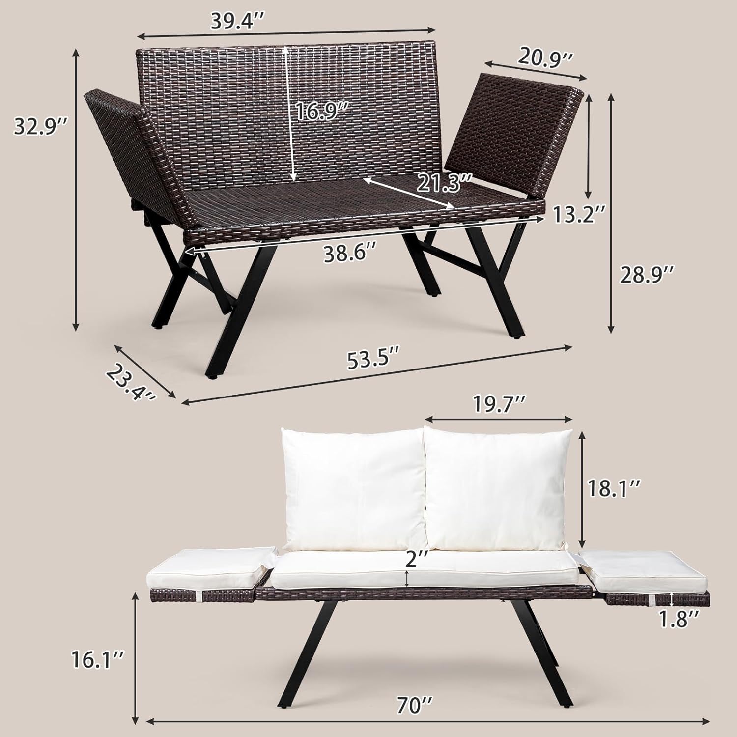 VINGLI Outdoor Loveseat, Woven Rattan Outdoor Sofa with Adjustable Armrests, Patio Loveseat with Removable Cushions and Pillows, Convertible Patio Couch for Yard Pool Balcony