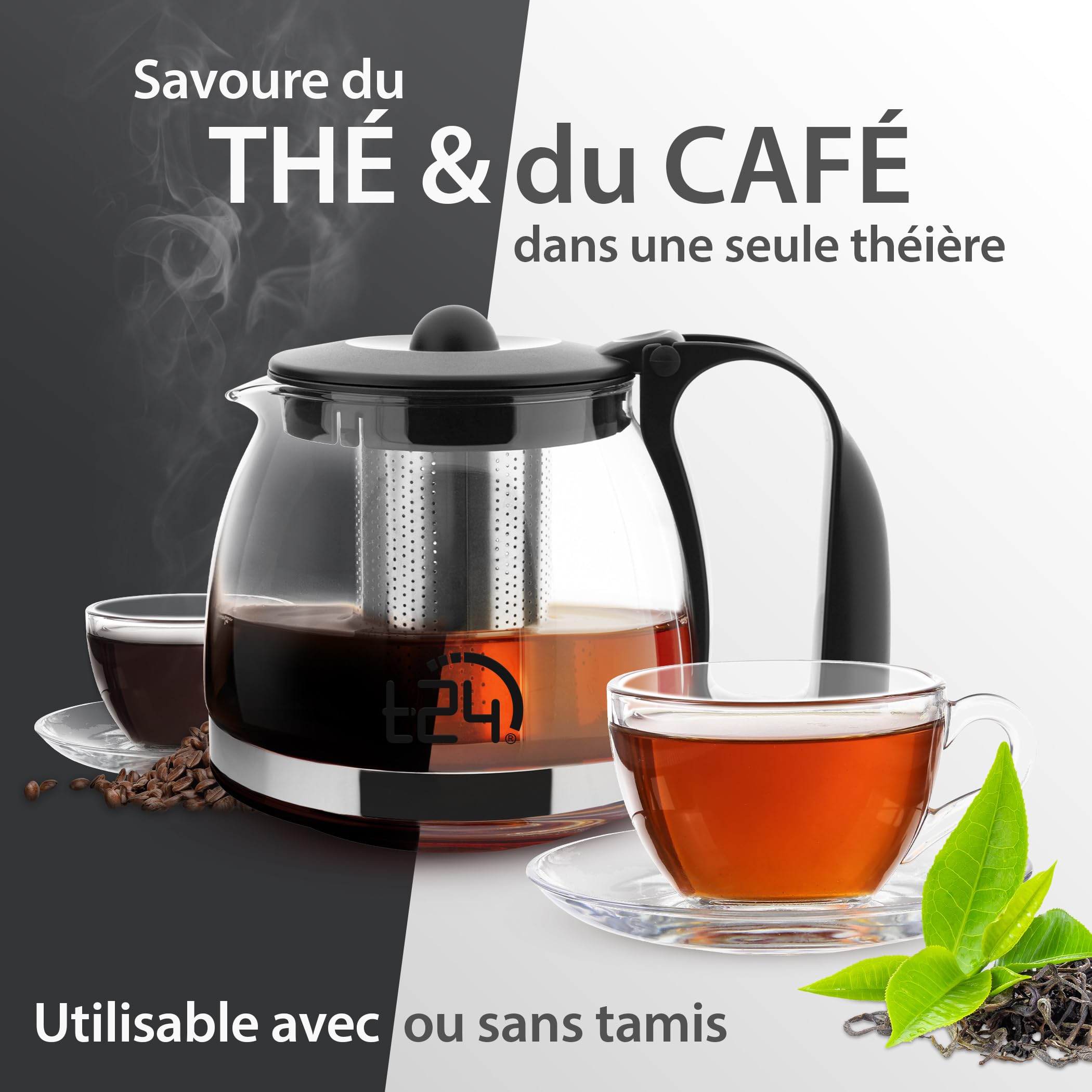 T24 Glass Teapot with Strainer Attachment, Heat-Resistant, Removable Stainless Steel Filter Strainer - Image 4