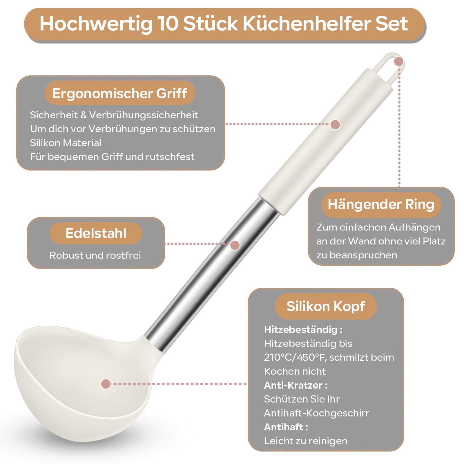Homikit Juego de utensilios de cocina de silicona, 10 piezas con mango de acero inoxidable, antiadherente, con soporte para utensilios, color blanco