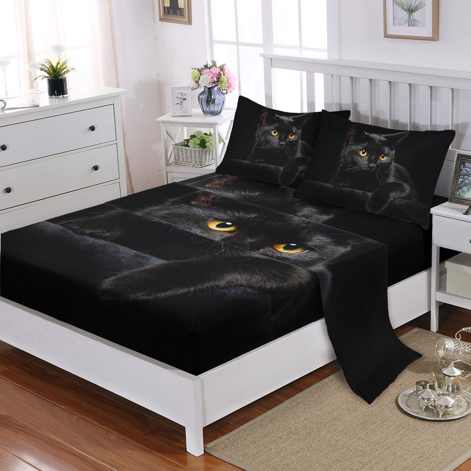 Black Cat Print Microfiber Bed Sheet Set - 4pc Full Size With Deep Pockets & 2 Pillowcases