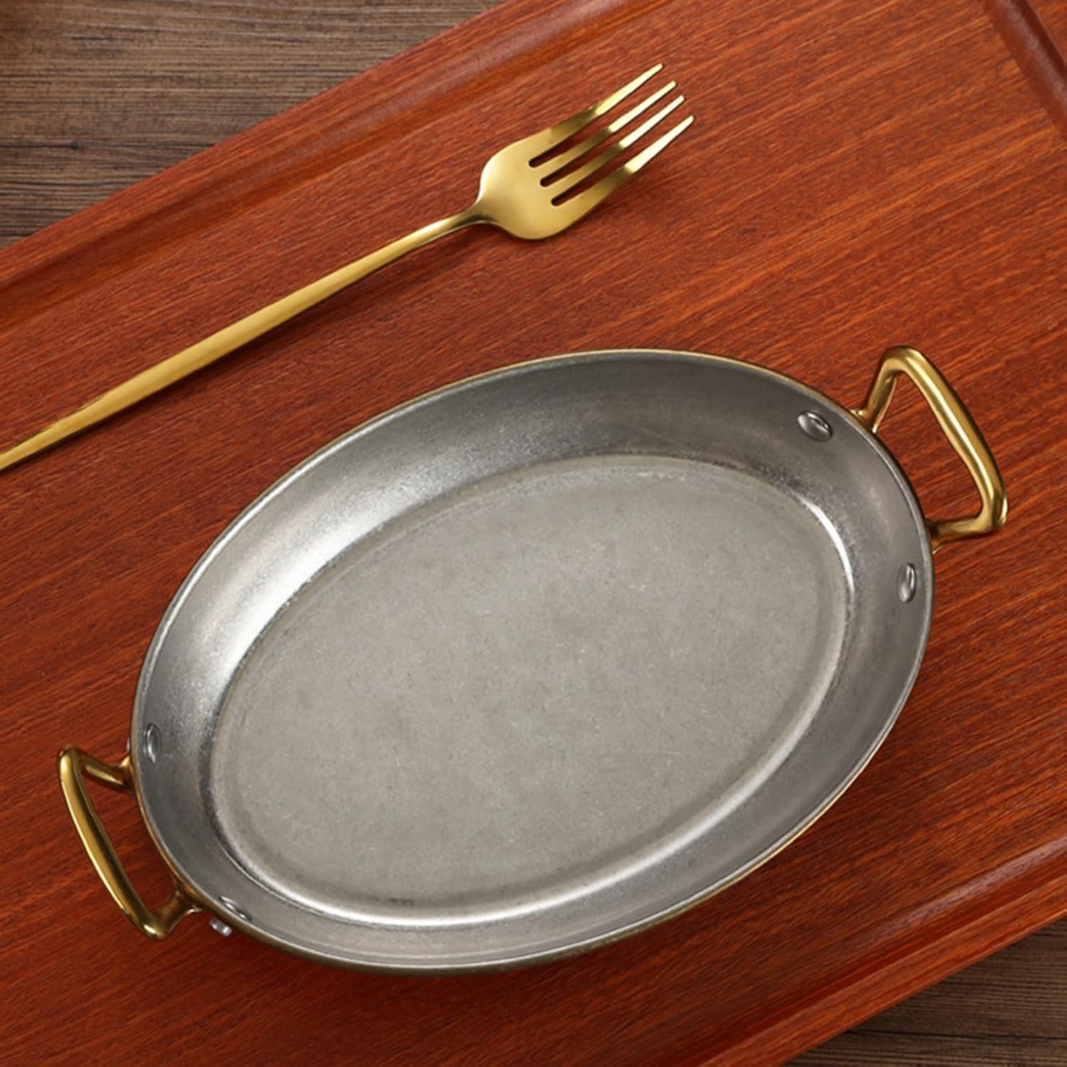 Oval Spanish Paella Pan, 304 Stainless Steel Skillet Pan with Dual Handles, Non-Stick Dinner Server Pan Seafood Paella Pan Cookware for Home Restaurant or Camping,Gold,24cm/9.4inch