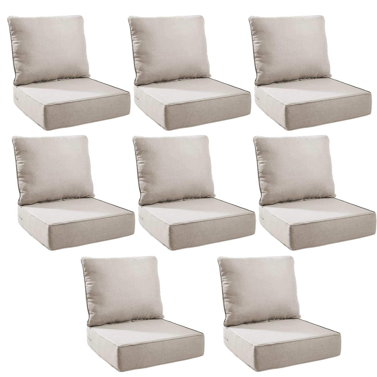 Outdoor Cushion Set for Patio Furniture, UV Resistant, Water Resistant - 6 Inch Thick Foam Garden Cushions– 24x24 Inch Patio Seat Covers for Chair/Sofa/Couch | Beige | 8-Pack |