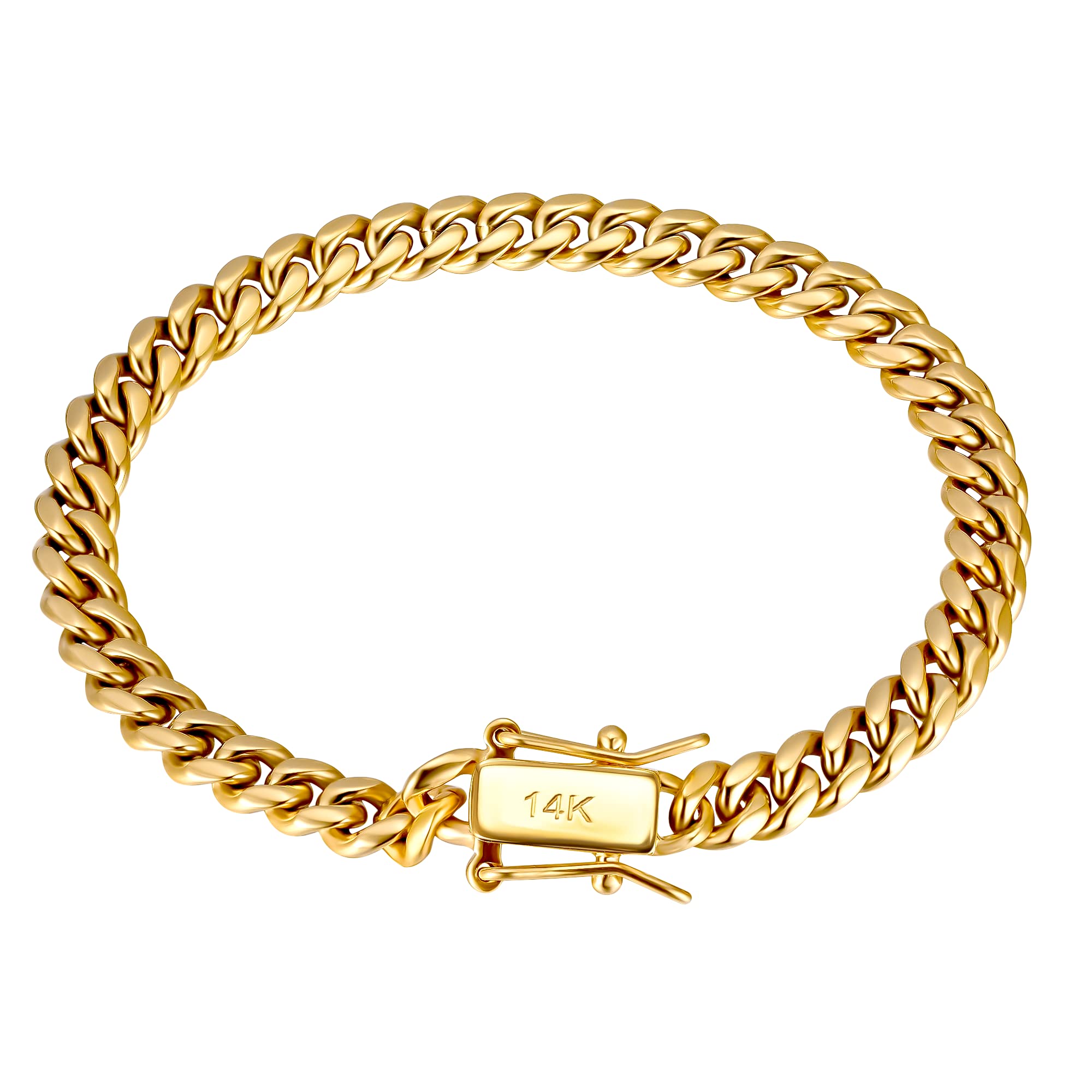 TRIPOD JEWELRY 4mm 6mm Miami Cuban Link Chain 14K REAL Gold Plated 316L Stainless Steel Solid Necklace Bracelet for Womens Mens(Double Safety Clasp,