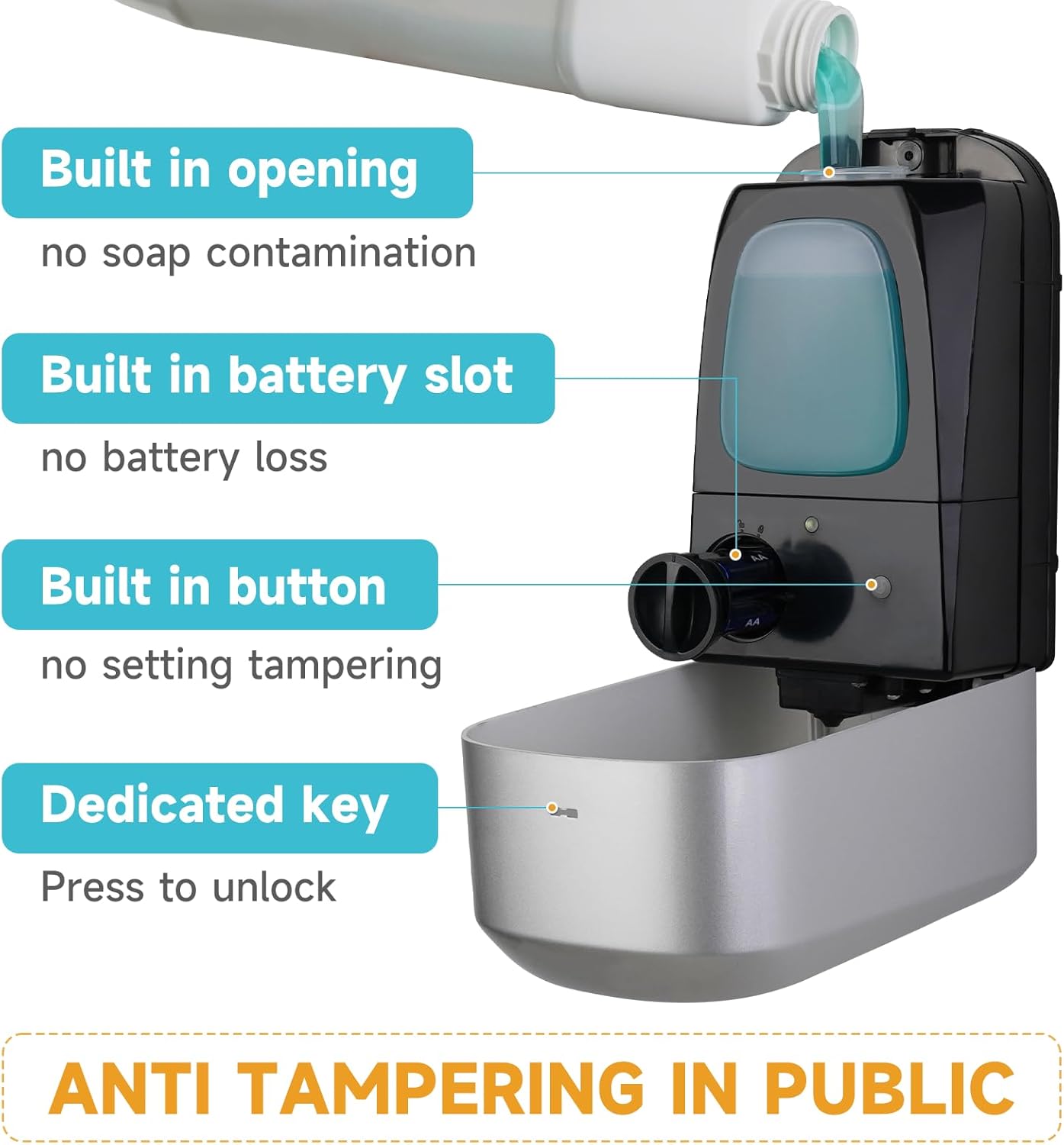 AIKE 33.8oz Automatic Wall Mount Liquid Soap Dispenser with Commercial ABS Construction, Model AK1226S(Silver) - Image 3