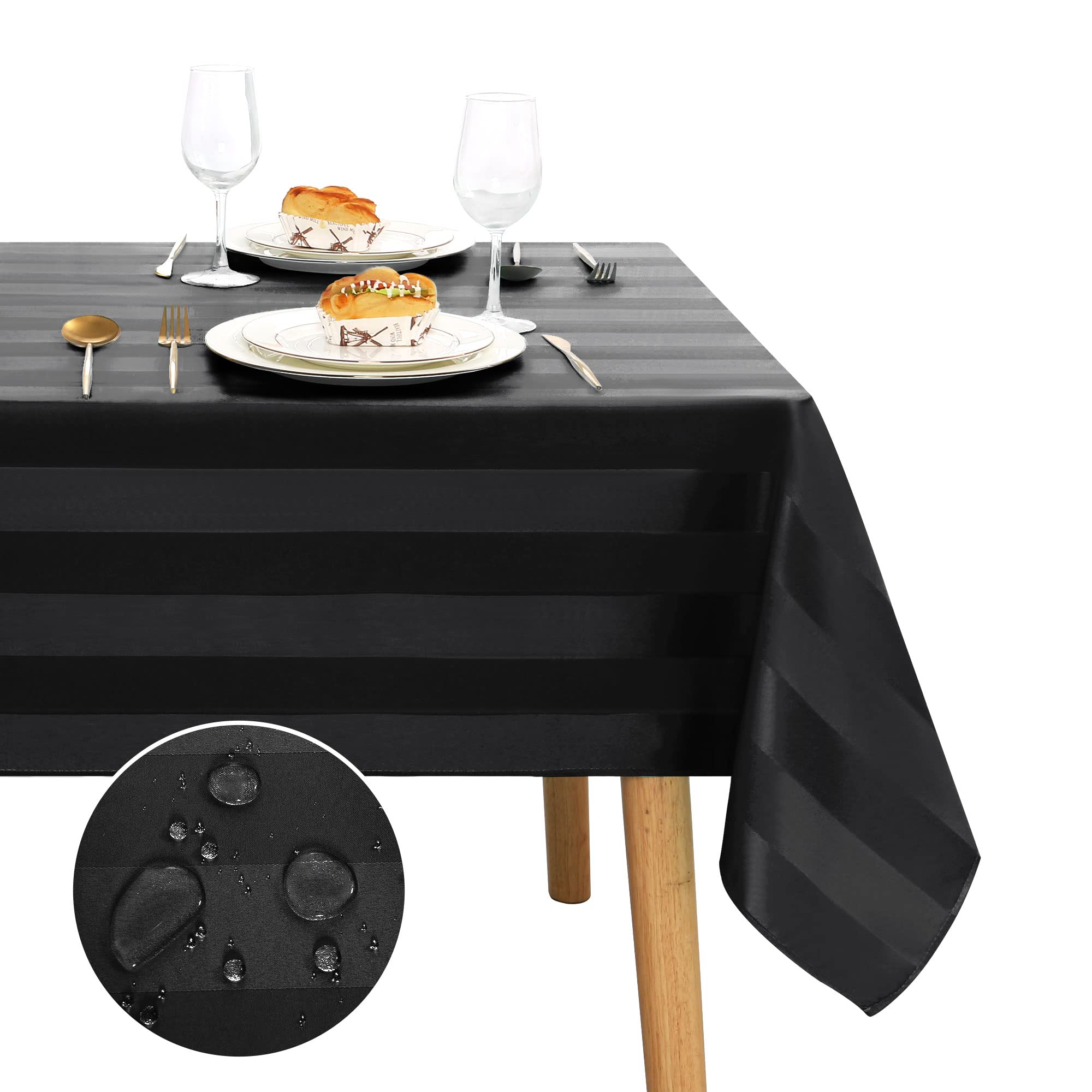 JIUZHEN Mantel de Mesa Impermeable Antimanchas con Efecto Loto, Mantel Negro a Rayas para Exterior y Jardín, Lavable, Tamaño Rectangular 140 x 280 cm