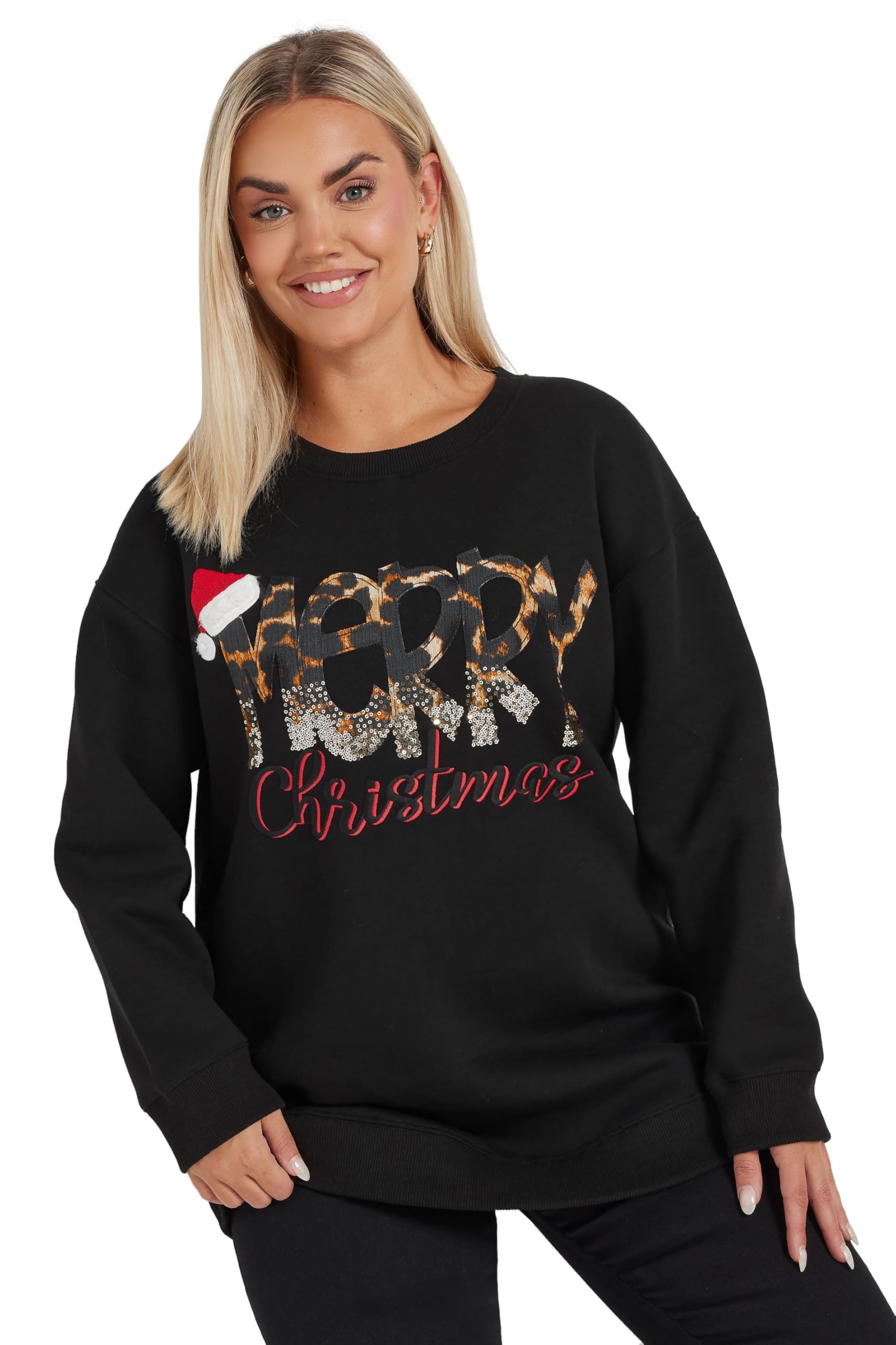 Yours Women's Black 'Merry Christmas' Sequin Embellished Sweatshirt In Size 22-24