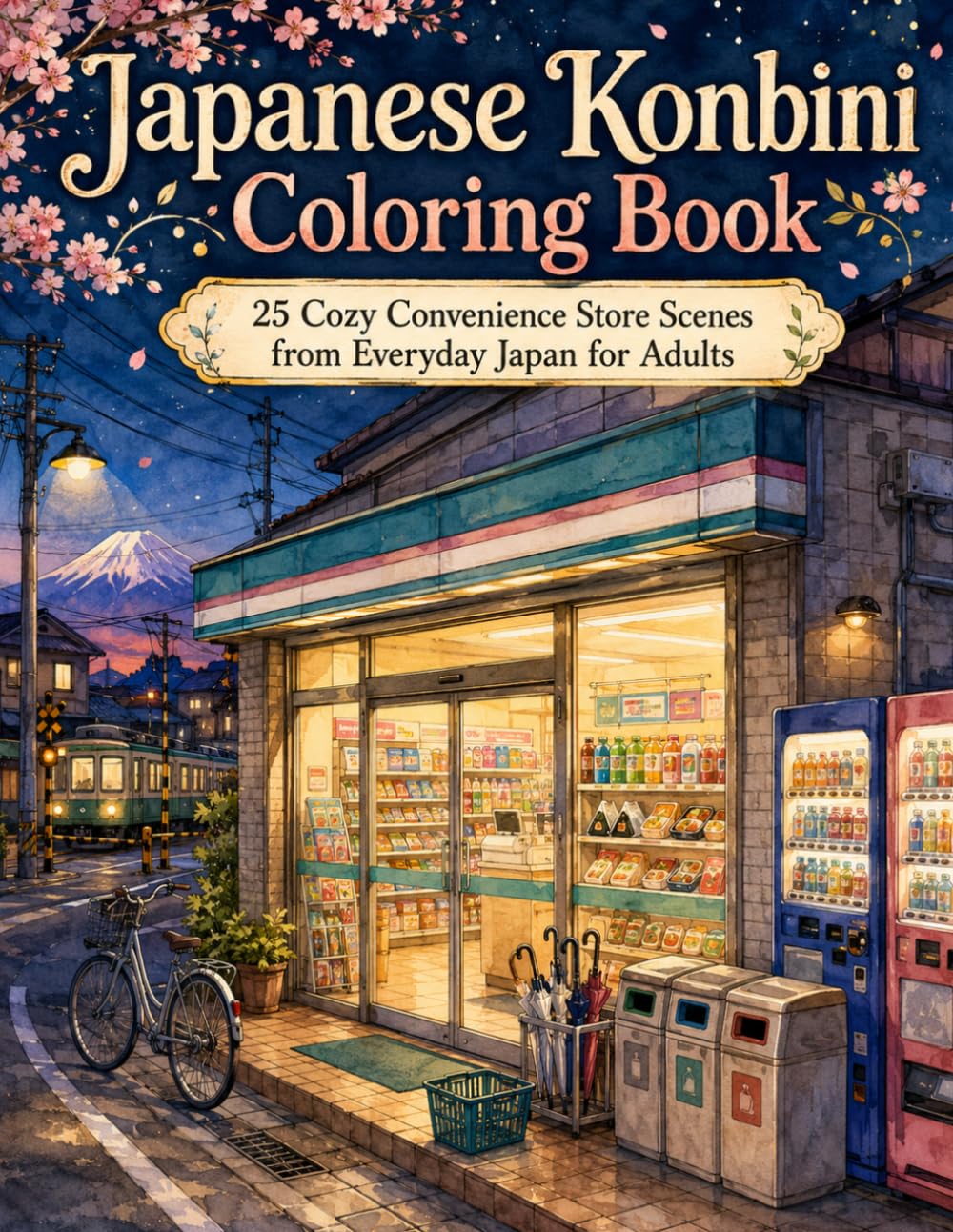 Japanese Konbini Coloring Book: 25 Convenience Store Scenes with Vending Machines, Local Streets, Fuji, Deer, Tea Fields & Everyday Japan for Adults