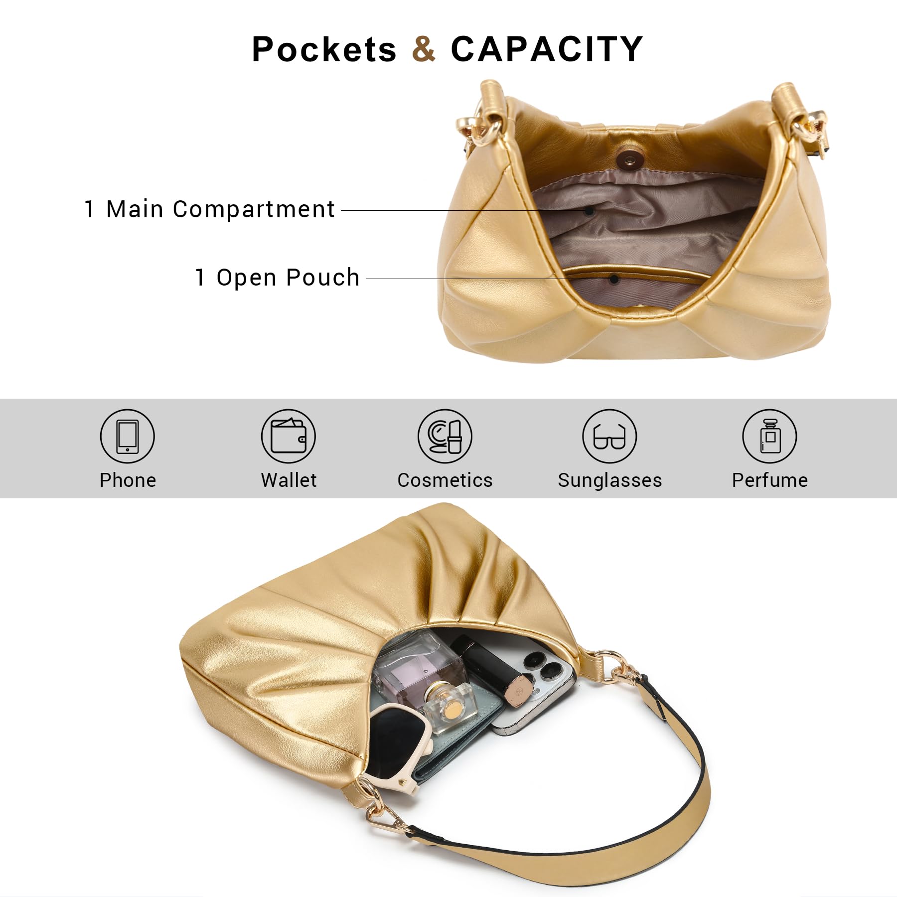 Dasein Bolso de mano estilo hobo fruncido para mujer, bolso cruzado retro con 2 correas extraíbles