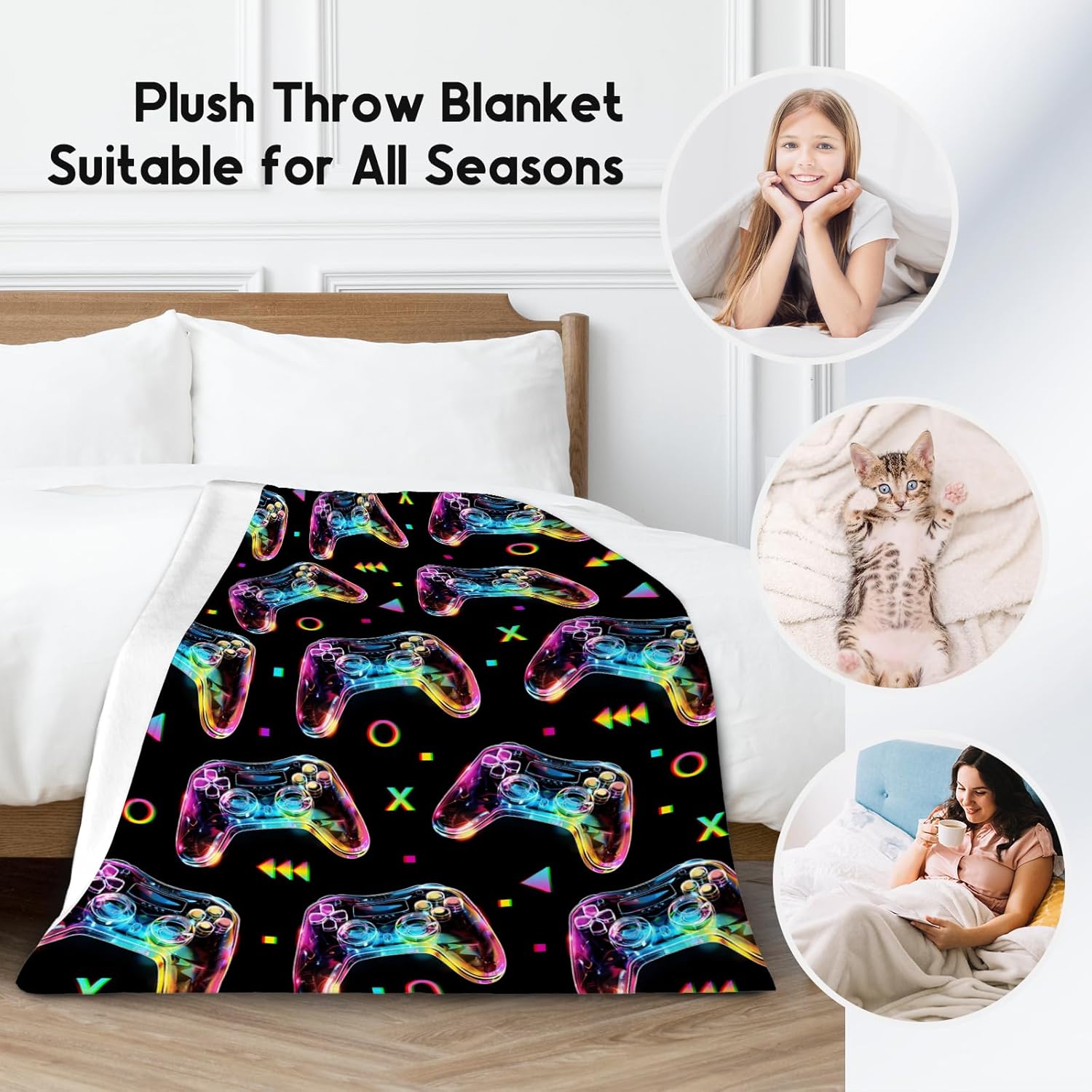 Gamer Blanket for Boys - 50x60 Inches Cool Throw Gifts - Black Soft Fuzzy Blankets for Bed, Couch & Travel