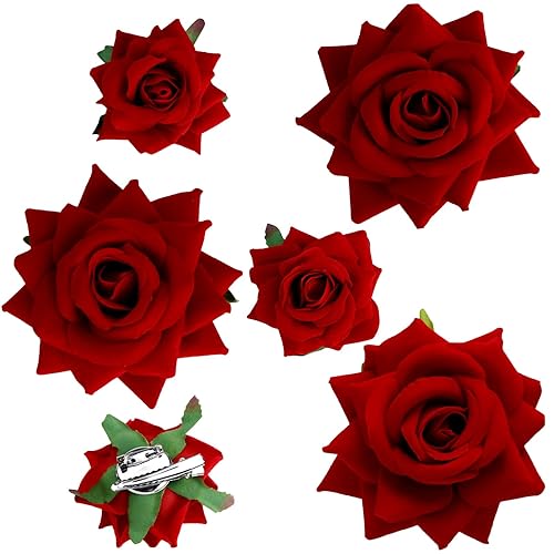 6 pinzas para el pelo de rosas rojas para mujeres y niñas, broches de flores, broches florales, pinzas de tela con rosas para el cabello, accesorios