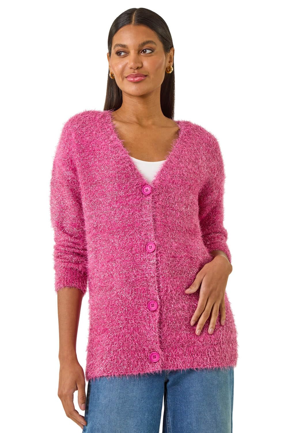 Roman Women's Cerise Buttoned Tinsel Knit Cardigan Size 20